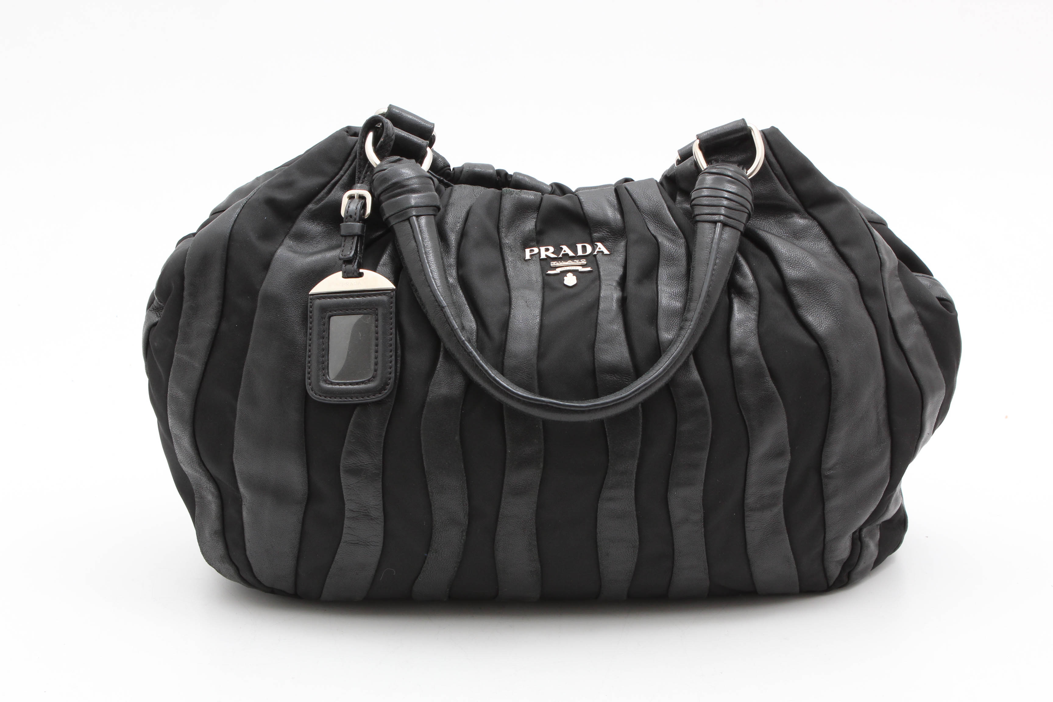 Prada Black Lambskin and Nylon Striped Hobo Bag