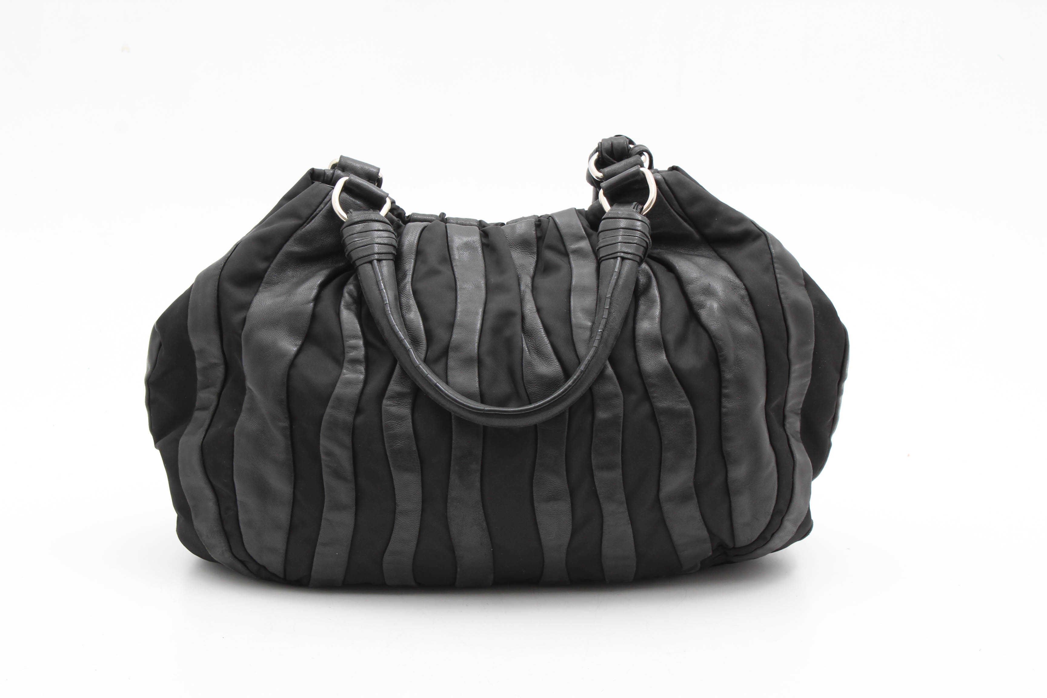 Prada Black Lambskin and Nylon Striped Hobo Bag