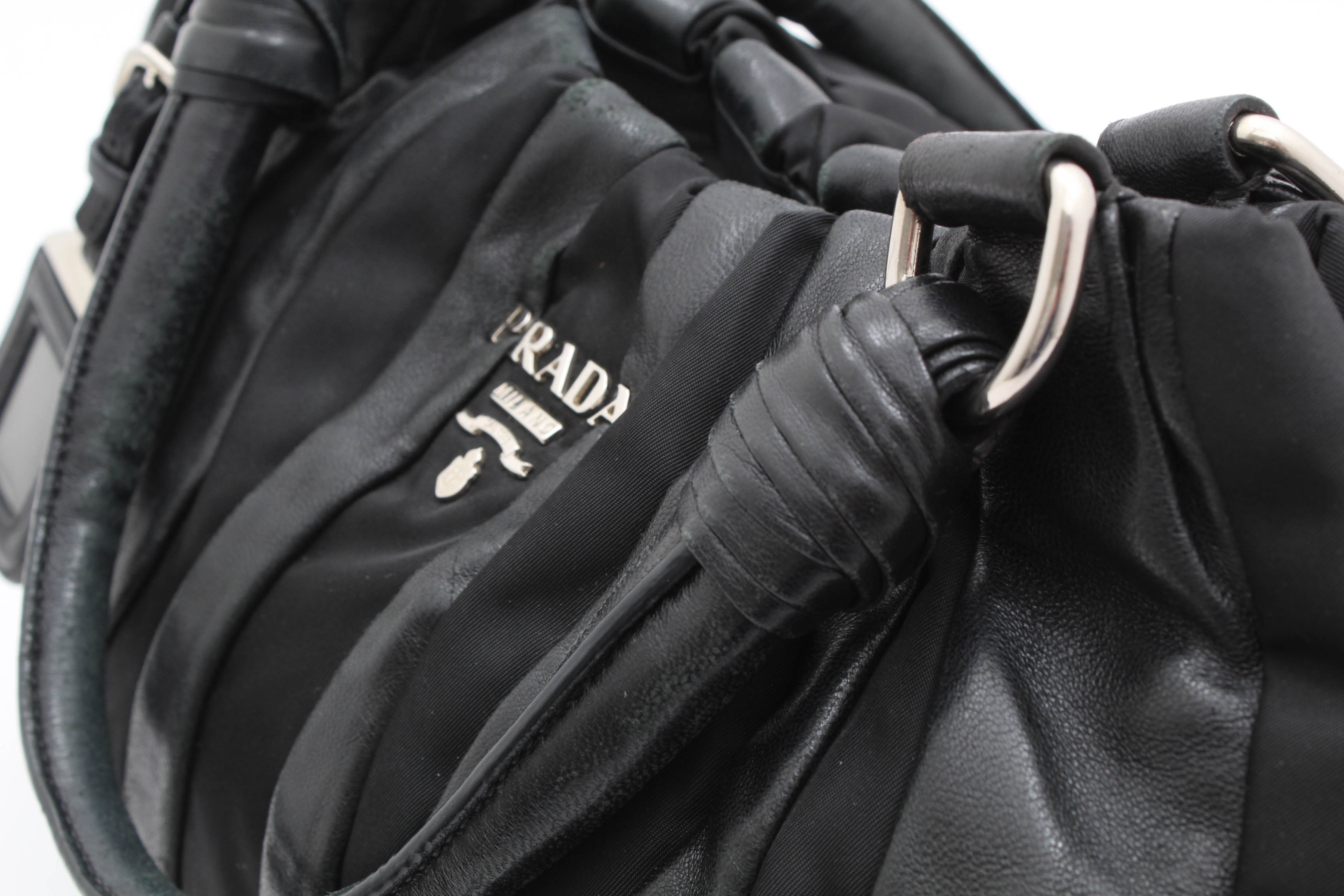 Prada Black Lambskin and Nylon Striped Hobo Bag