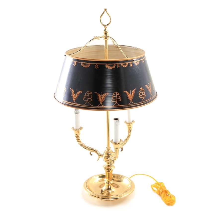 Brass Bouillotte Style Candelabra Table Lamp with Decorated Metal Shade