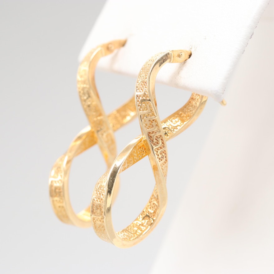 14K Yellow Gold Infinity Drop Earrings featuring Meander Pattern
