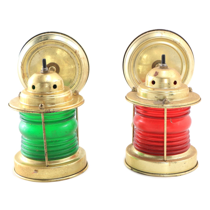 Brass Wall Sconces with Red and Green Glass Railroad Style Globes