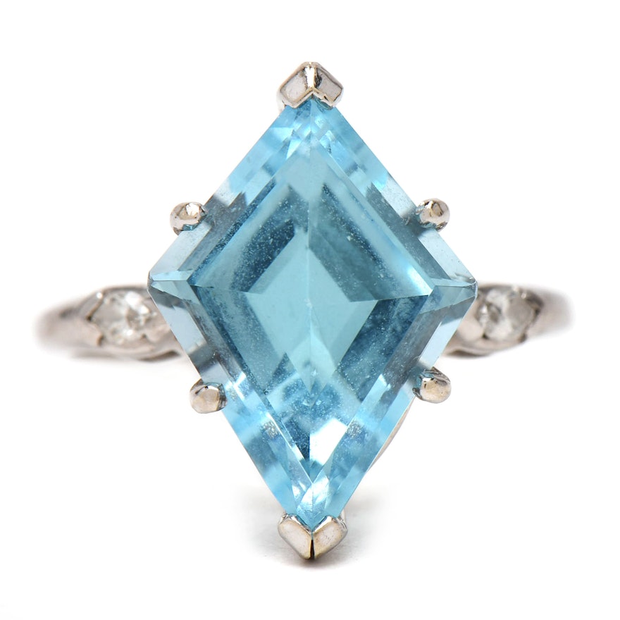 14K White Gold Blue Topaz and Diamond Ring