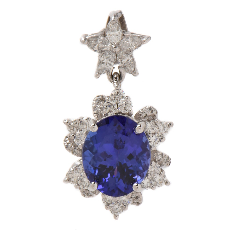 14K White Gold 4.60 CT Tanzanite and 1.00 CTW Diamond Pendant