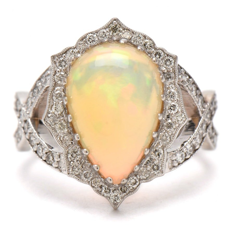 14K White Gold Opal and Diamond Infinity Ring