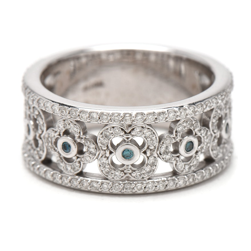 14K White Gold Blue Diamond and Diamond Pierced Band Ring
