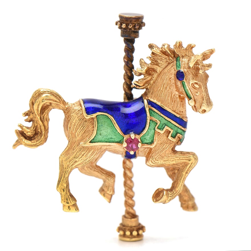 Igor Carl for Fabergé 14K Yellow Gold Ruby and Enamel Horse Carousel Brooch