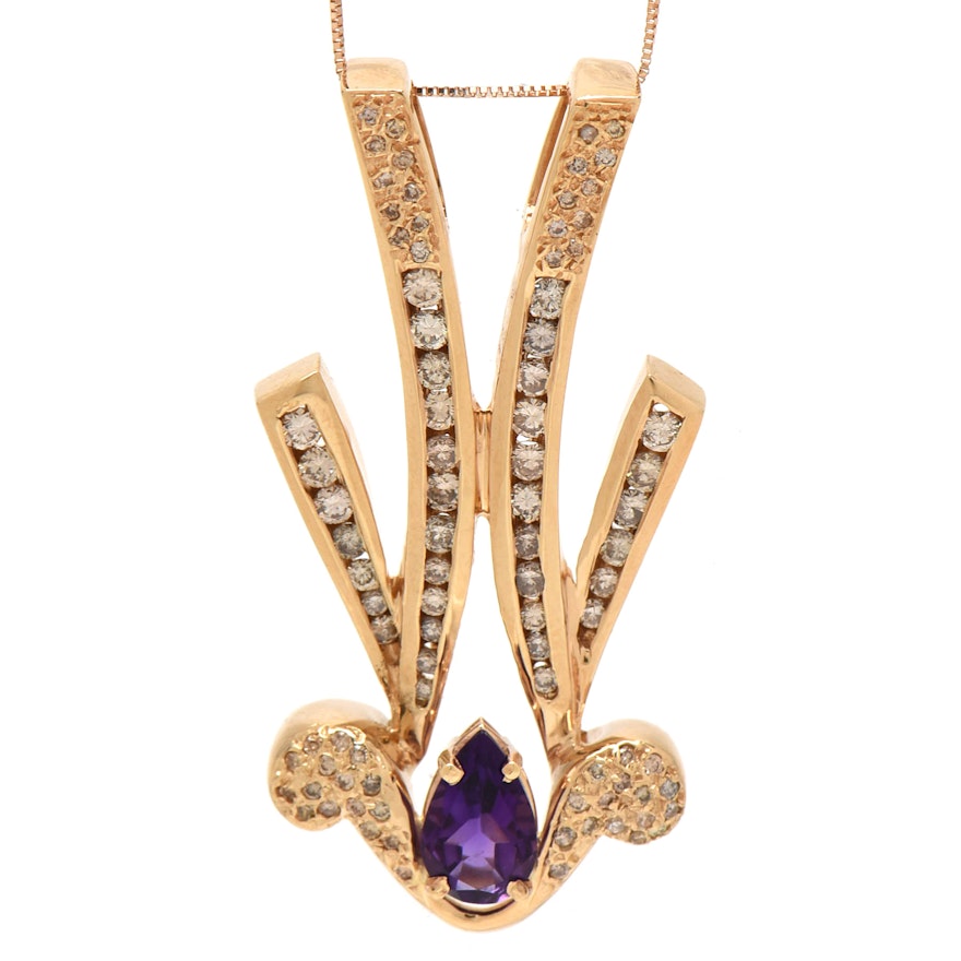 10K and 14K Yellow Gold Amethyst and 1.16 CTW Diamond Statement Pendant Necklace