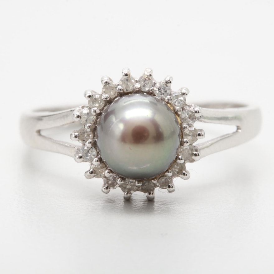 24K White Gold Cultured Pearl and Diamond Ring