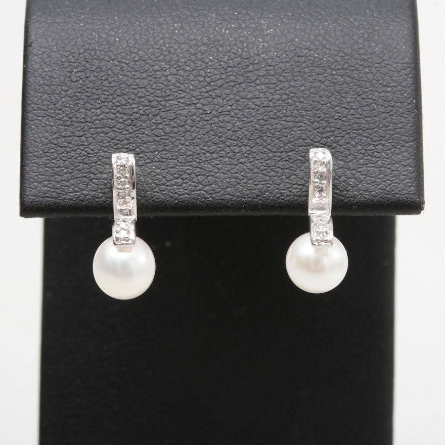 14K White Gold Cultured Pearl and Diamond Drop Earrings