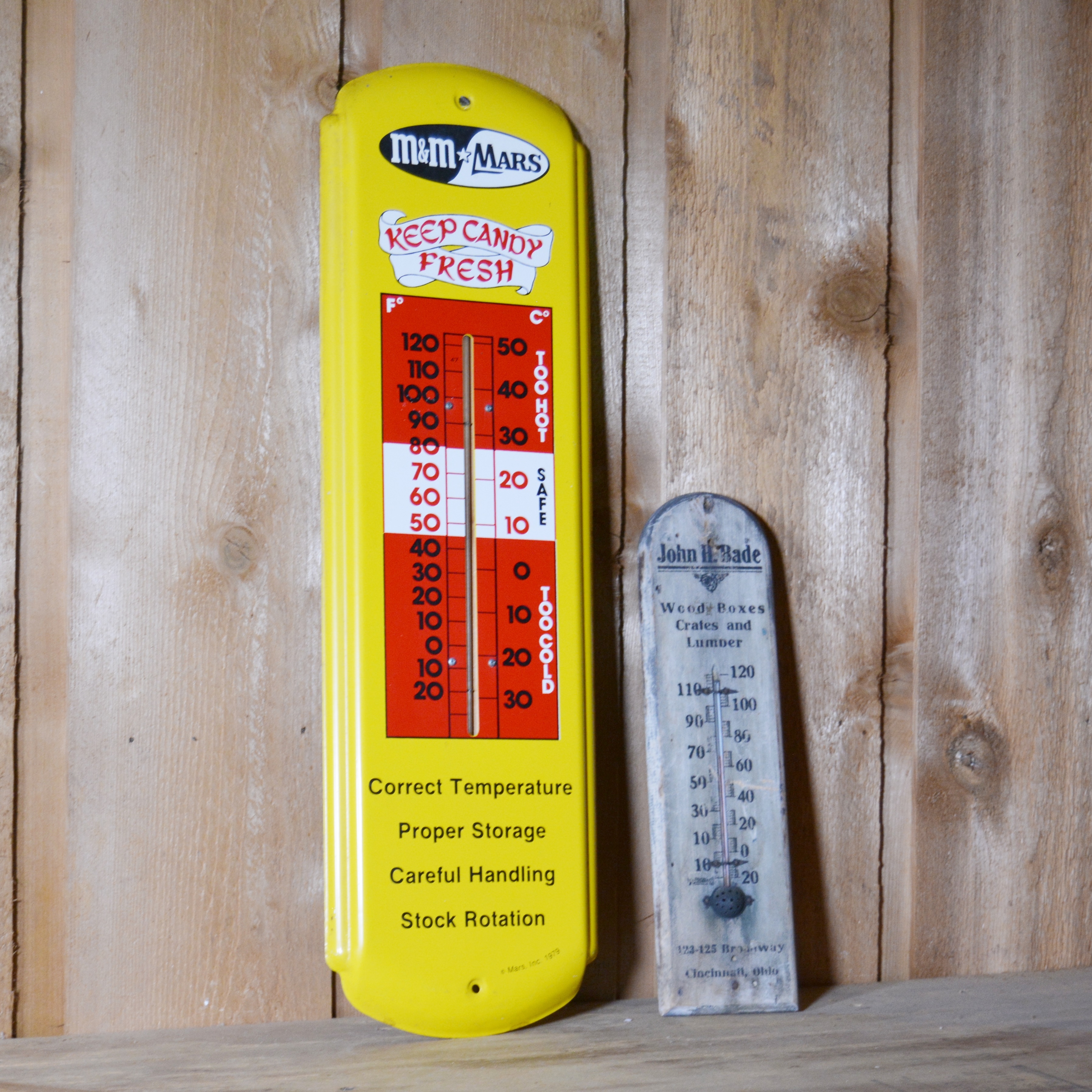 M&M Mars and John H. Bade Metal Wall Thermometers