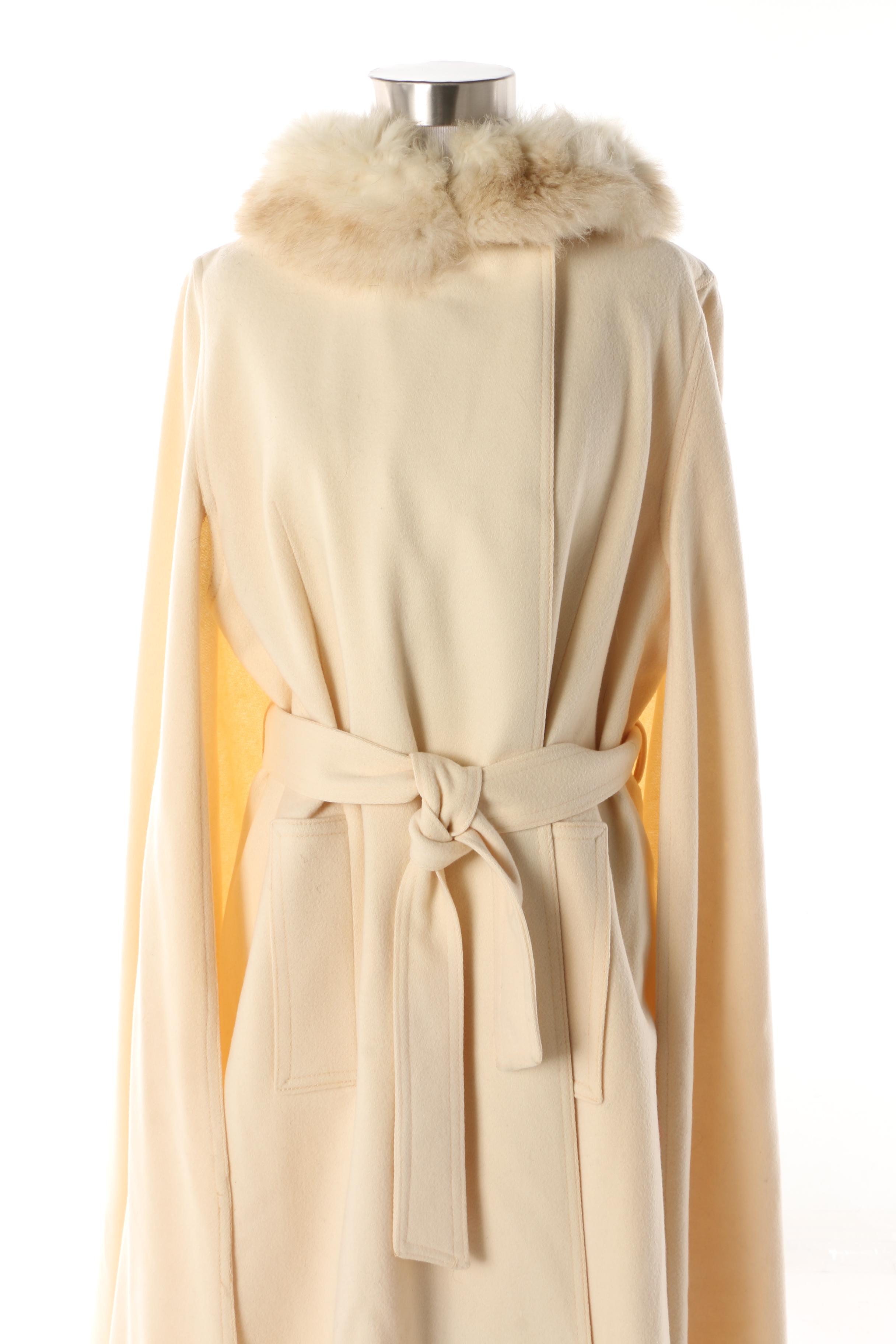Women's Vintage Domino New York Cream Wool Cape Coat with Shearling Fur Collar