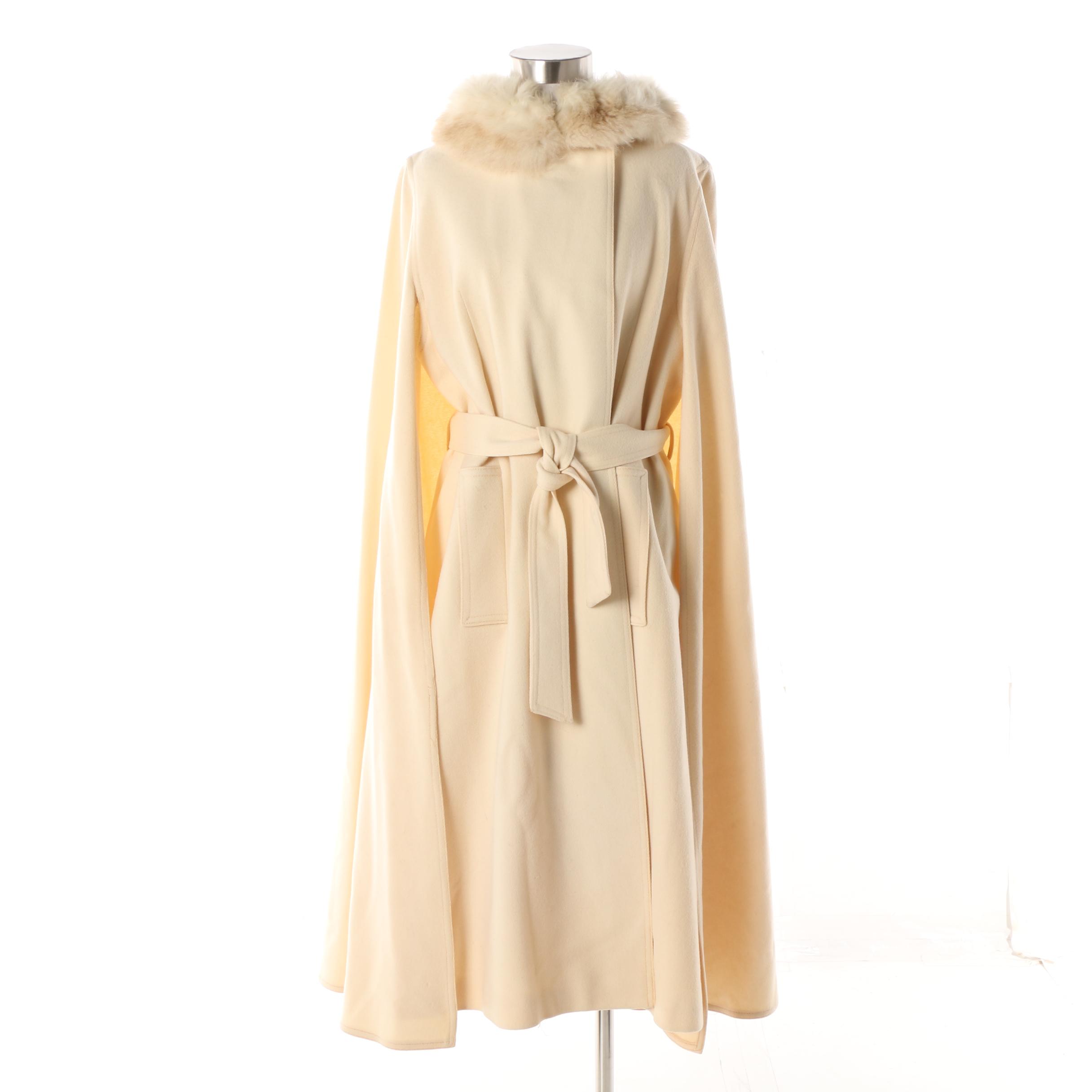 Women's Vintage Domino New York Cream Wool Cape Coat with Shearling Fur Collar