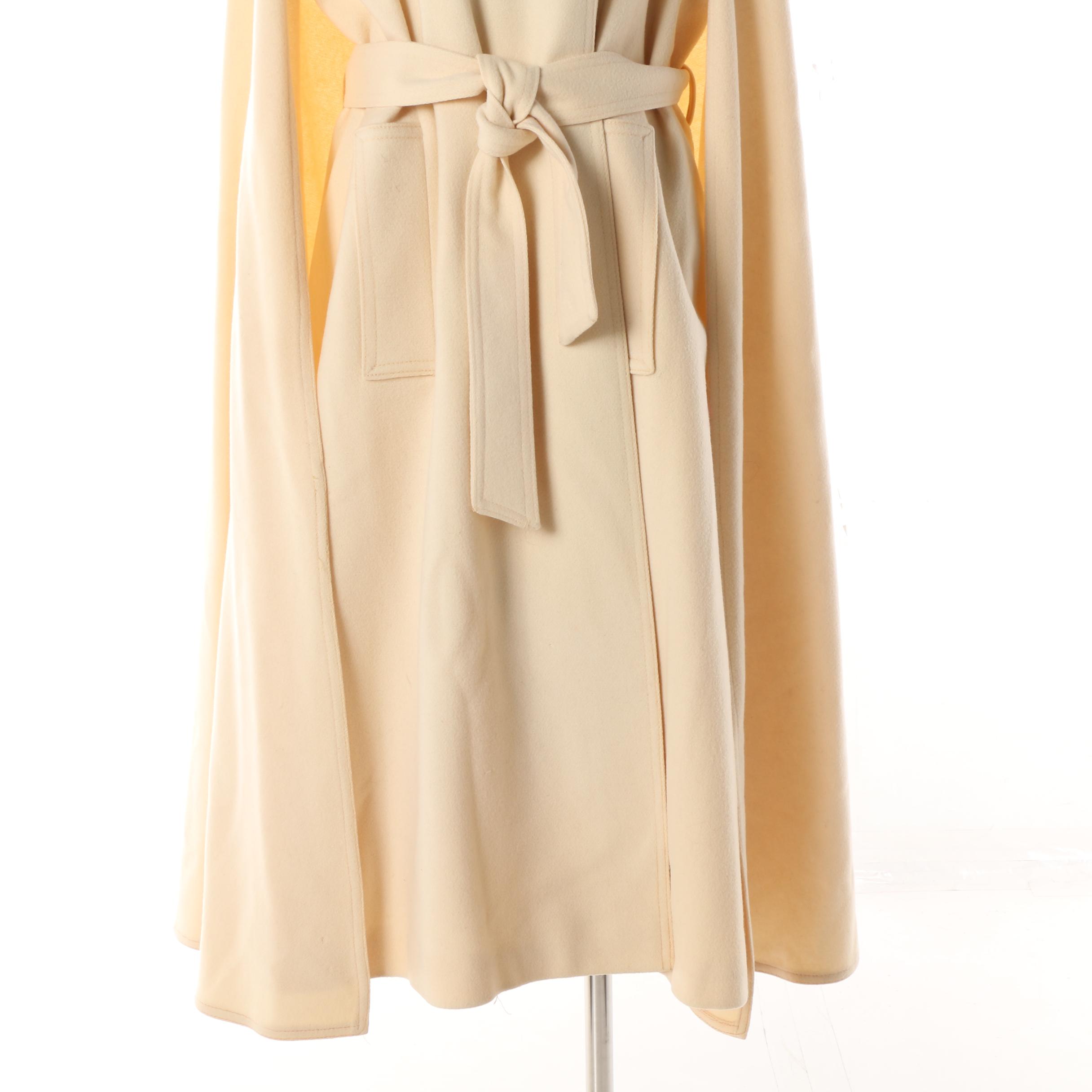 Women's Vintage Domino New York Cream Wool Cape Coat with Shearling Fur Collar