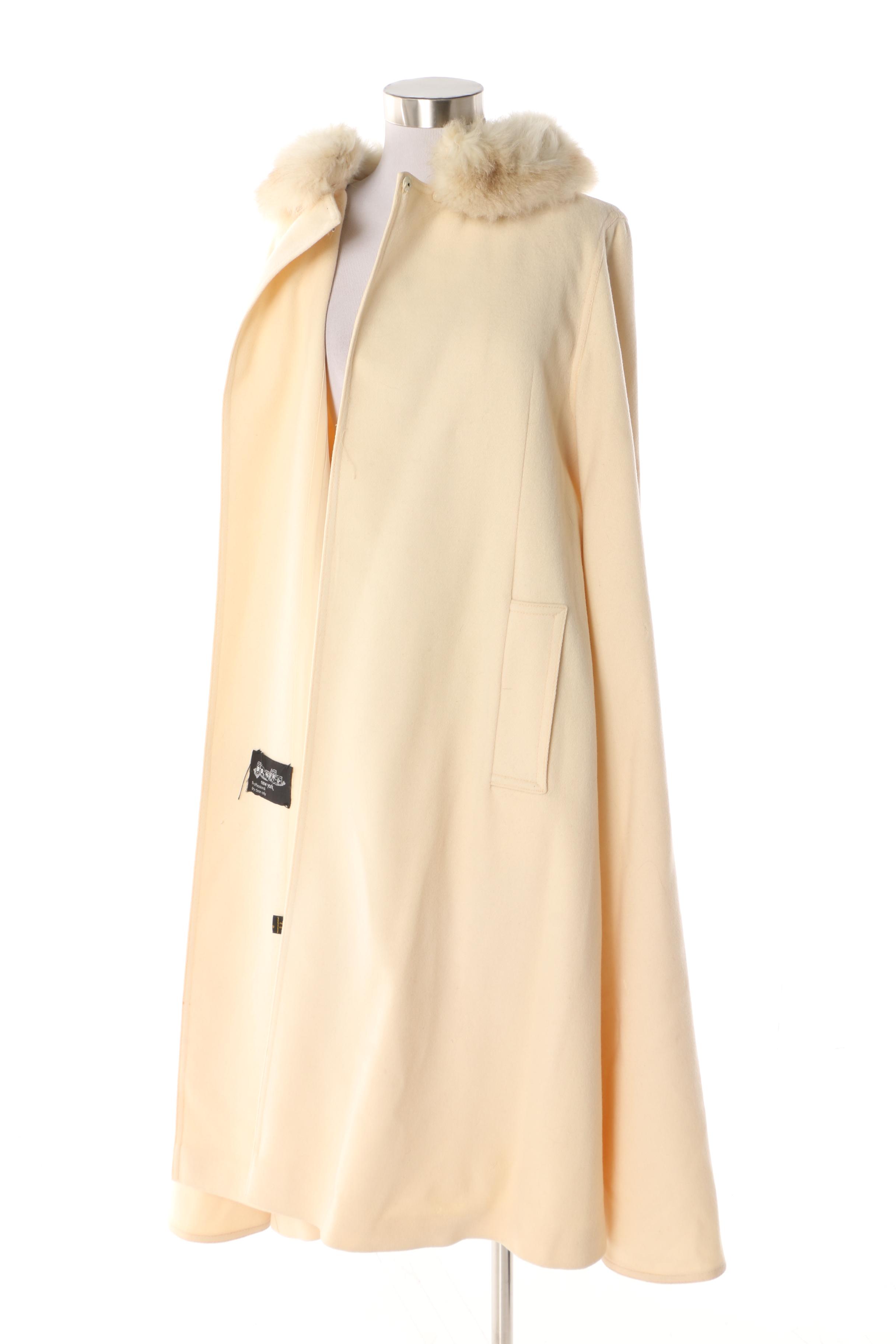 Women's Vintage Domino New York Cream Wool Cape Coat with Shearling Fur Collar