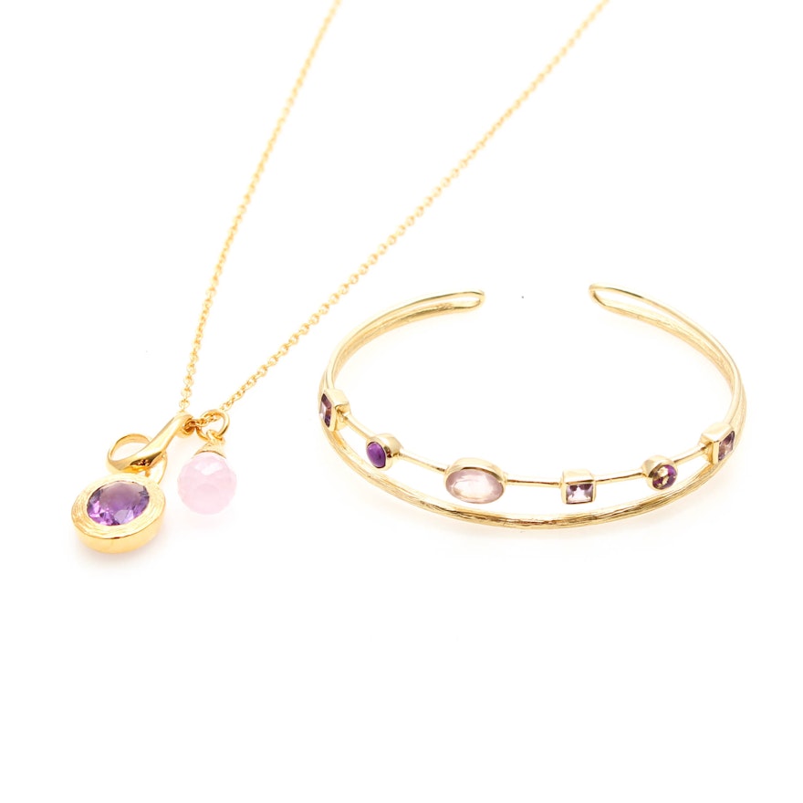 Gold Tone Rose Quartz and Amethyst Jewelry