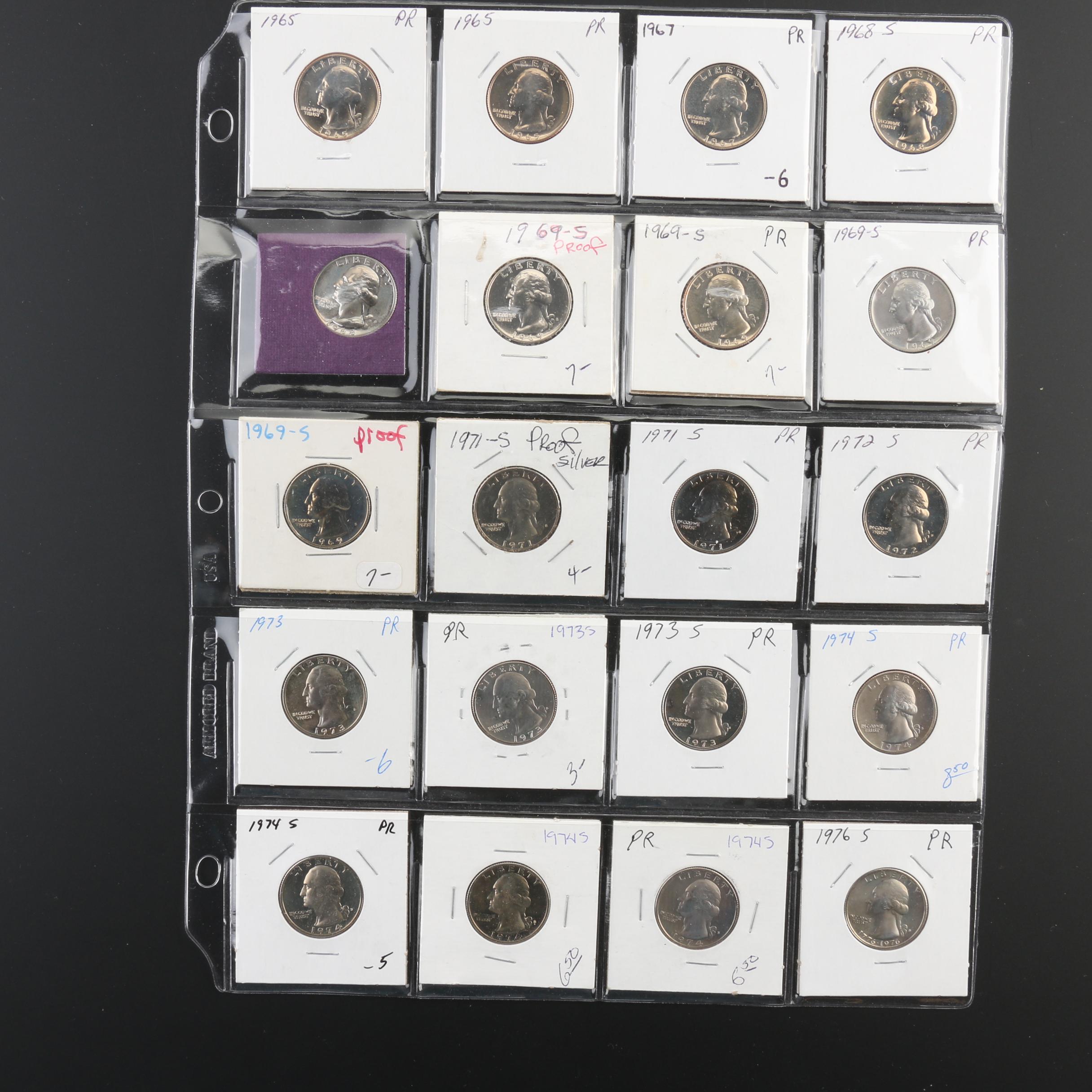 Group of 101 Washington Proof Quarters, 1965 to 2004