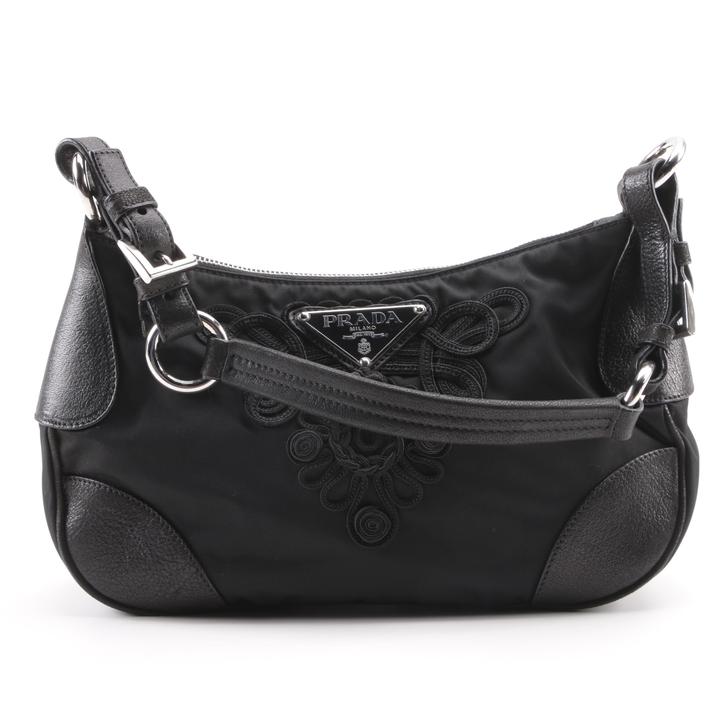 Prada Black Nylon Soutache Floral Handbag