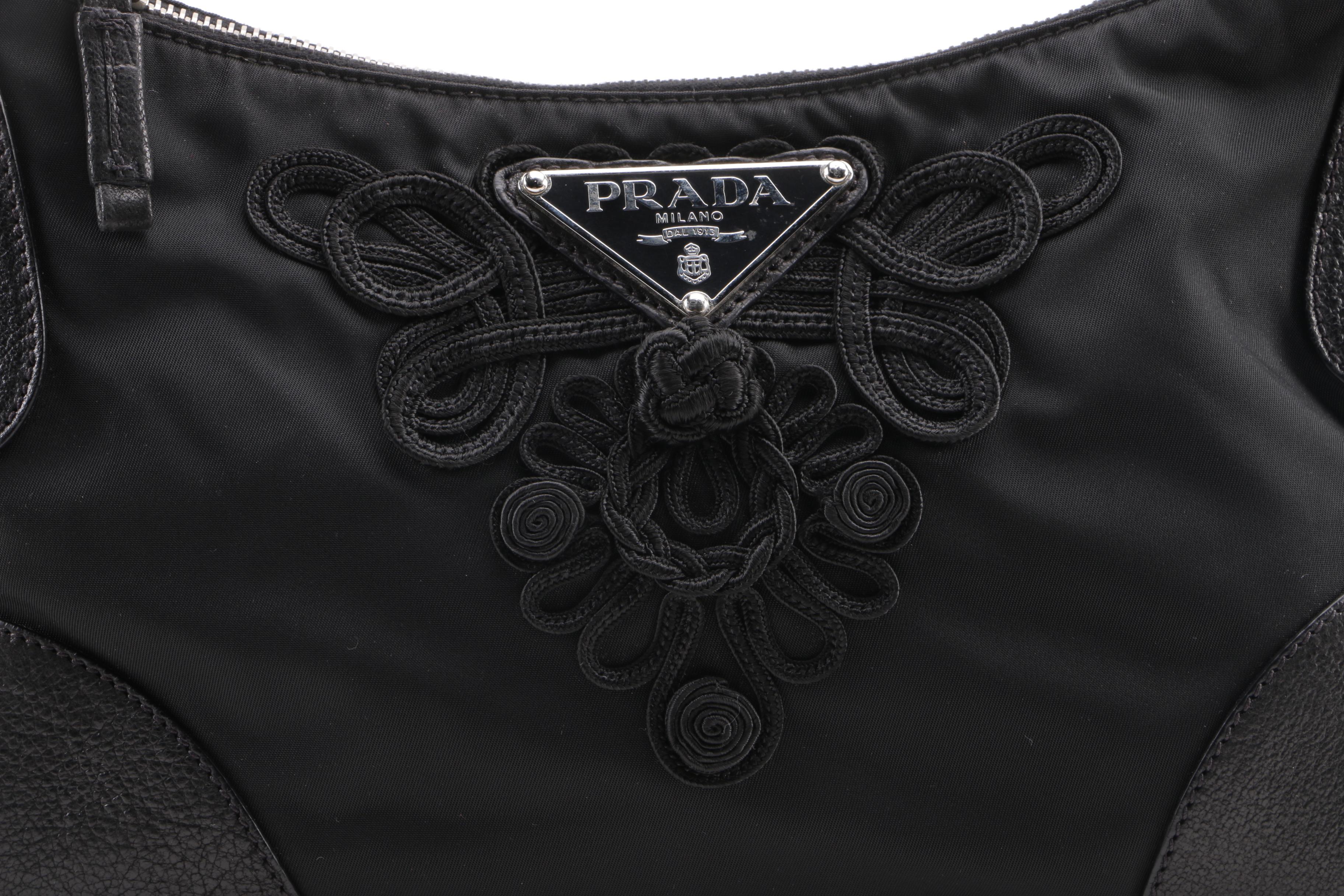 Prada Black Nylon Soutache Floral Handbag