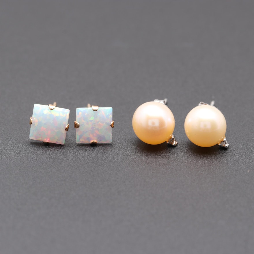 10K Yellow and White Gold Synthetic Opal, Cultured Pearl and Diamond Earrings