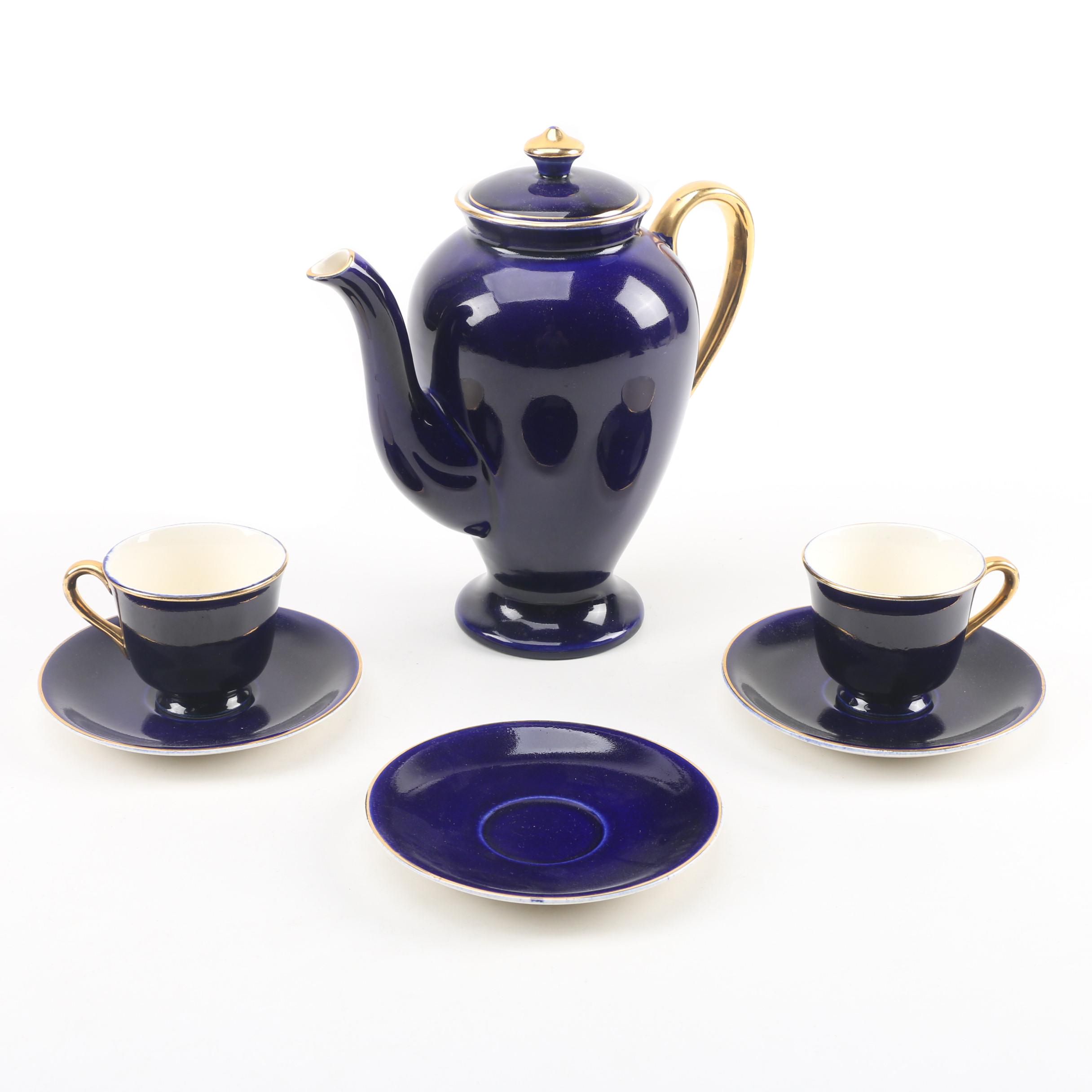 Vintage Steubenville Cobalt Glazed Ceramic Coffee Pot, Cups, and Saucers