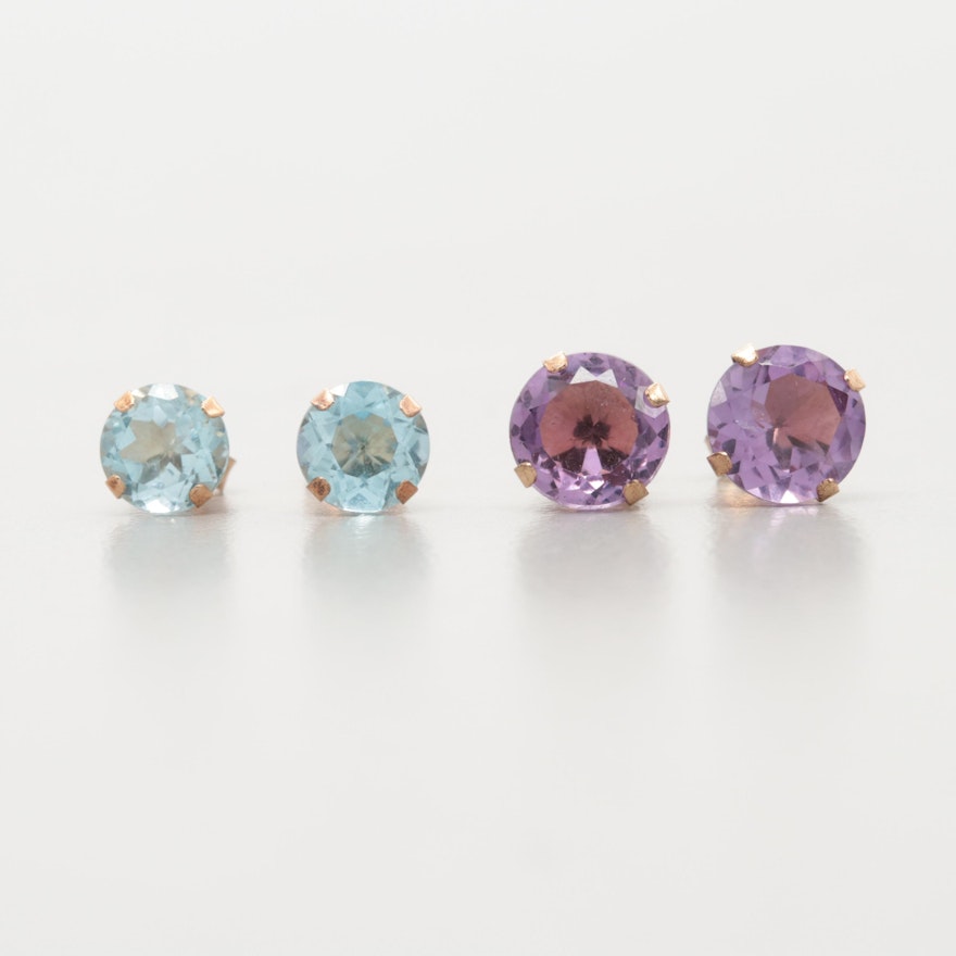 10K Yellow Gold Stud Earrings with Amethyst and Blue Topaz