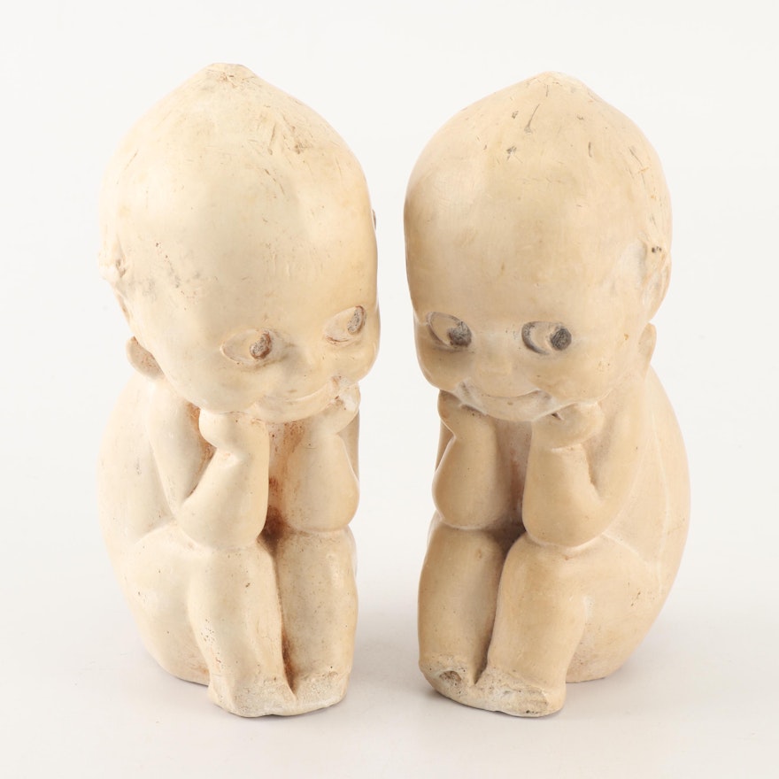 Antique Chalkware Kewpie Doll "The Thinker" Figurines