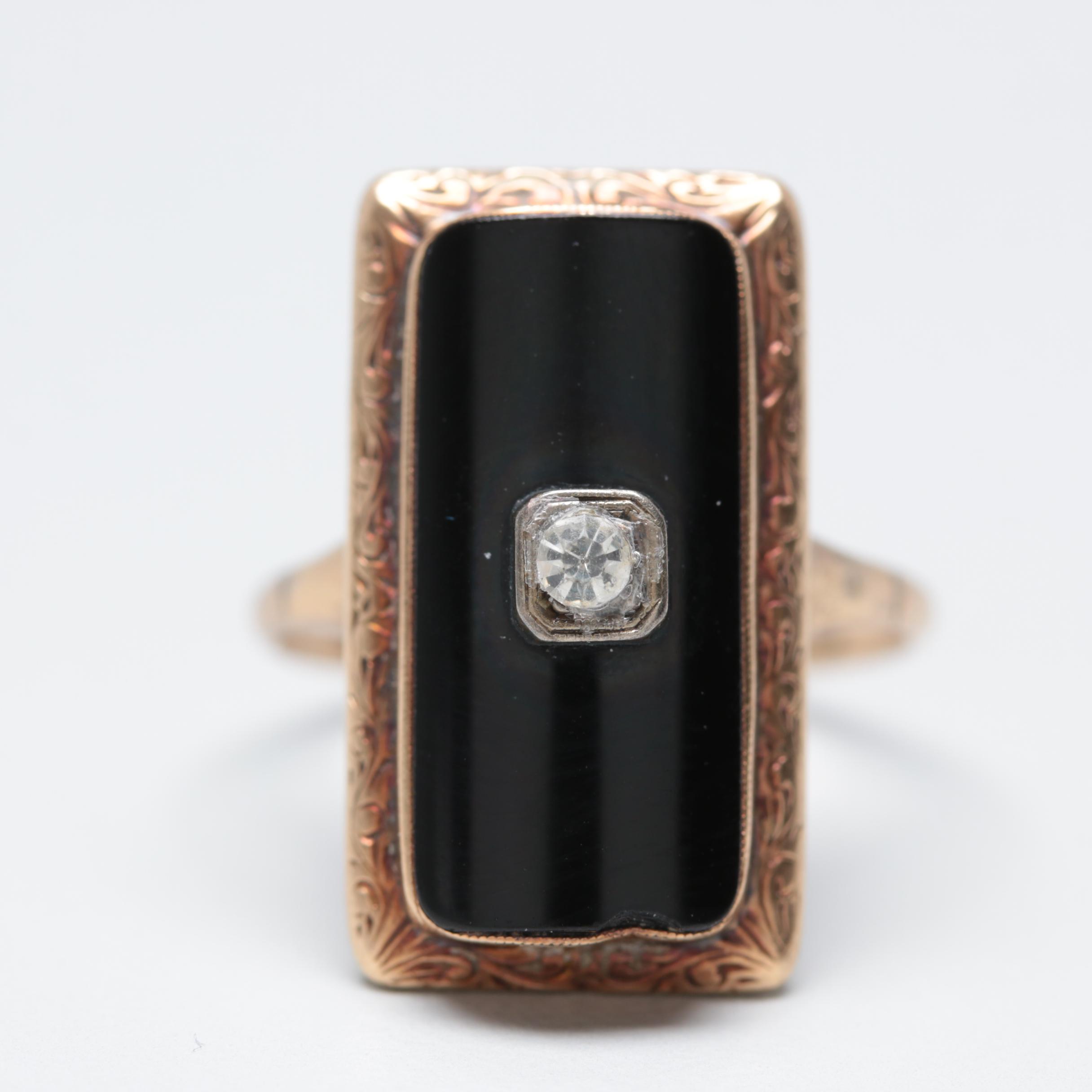 Circa 1930s 10K and 14K Glass Crystal and Black Onyx Ring