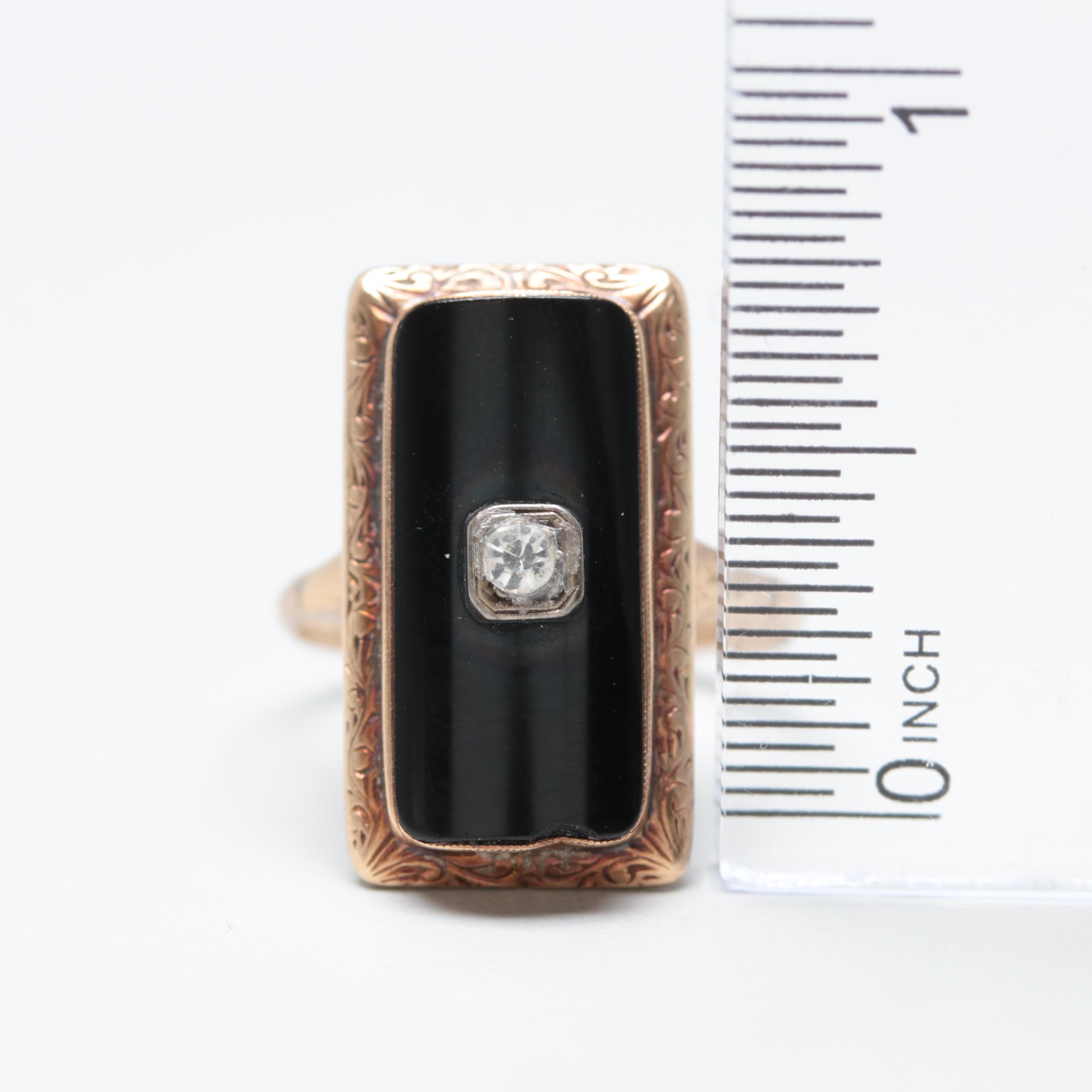 Circa 1930s 10K and 14K Glass Crystal and Black Onyx Ring