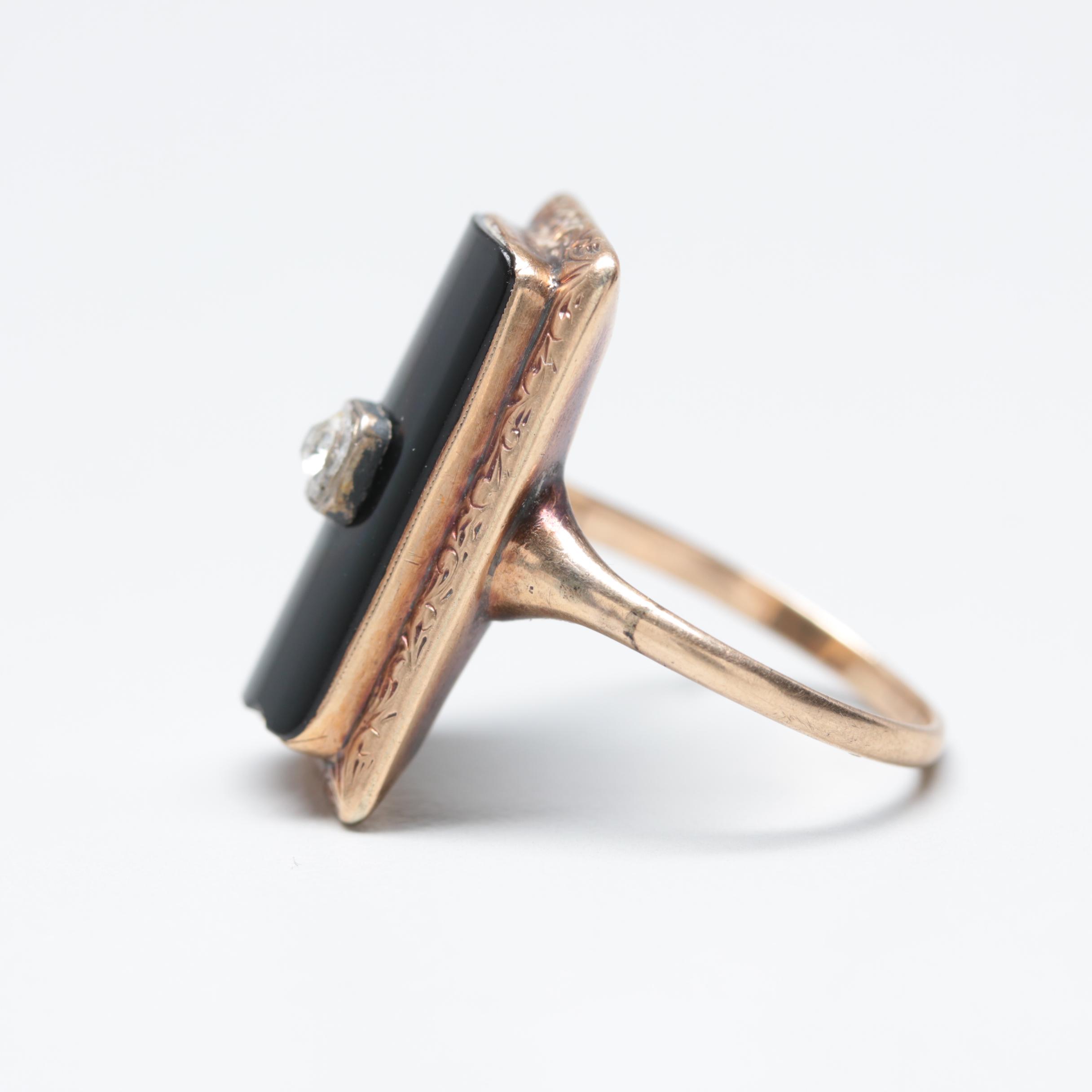 Circa 1930s 10K and 14K Glass Crystal and Black Onyx Ring