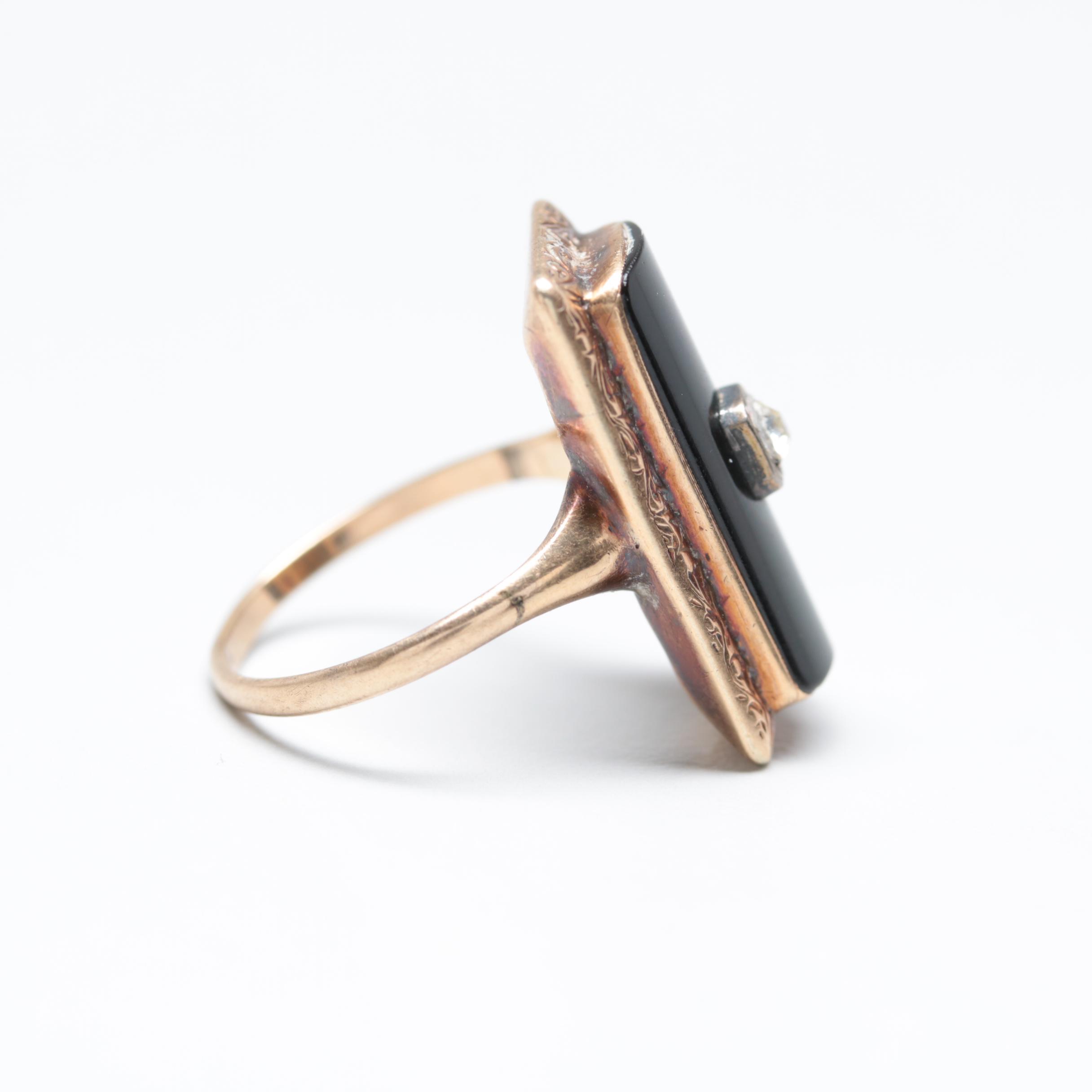 Circa 1930s 10K and 14K Glass Crystal and Black Onyx Ring