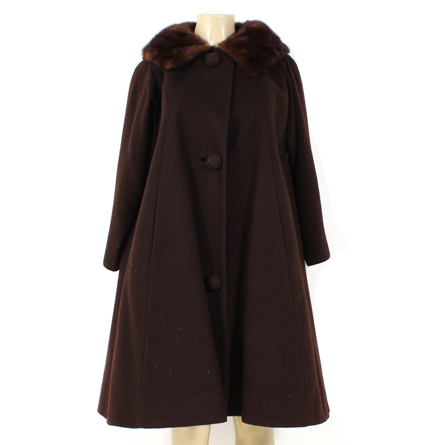 Vintage Brown Wool Swing Coat with Mahogany Mink Fur Collar