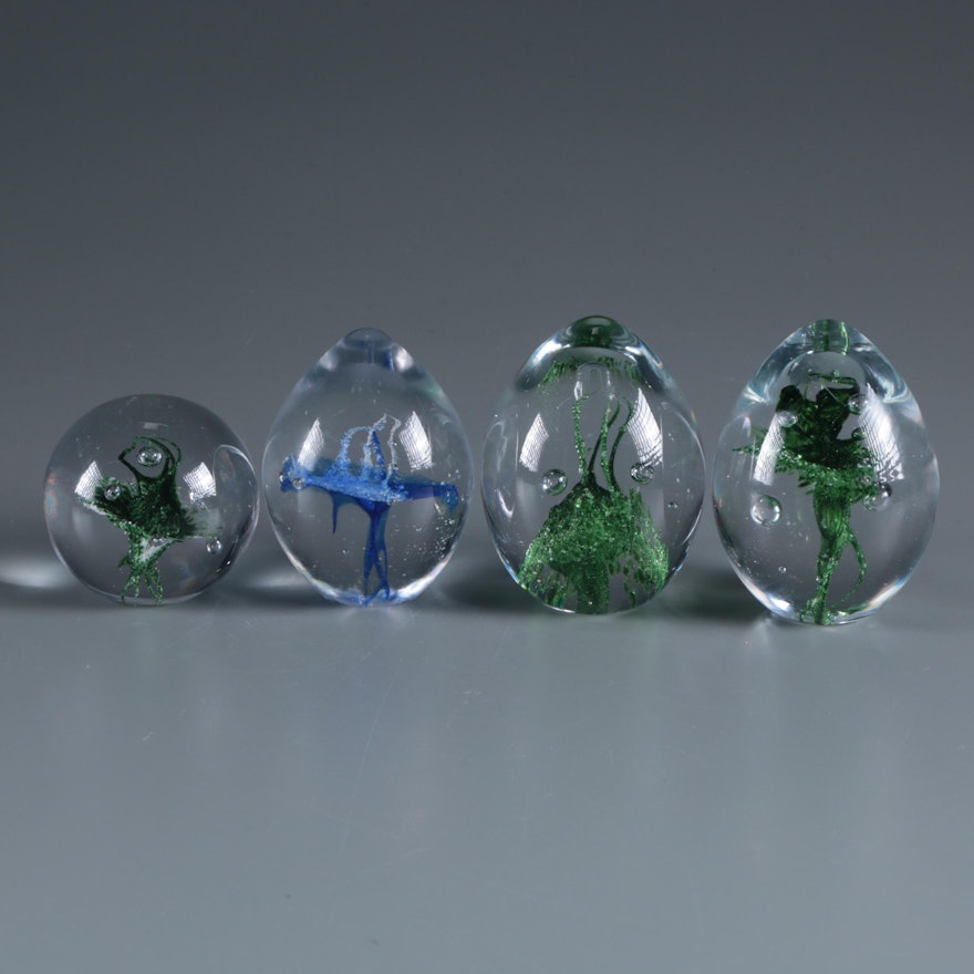 Ovoid and Spherical Blown Glass Paperweights with Organic Designs