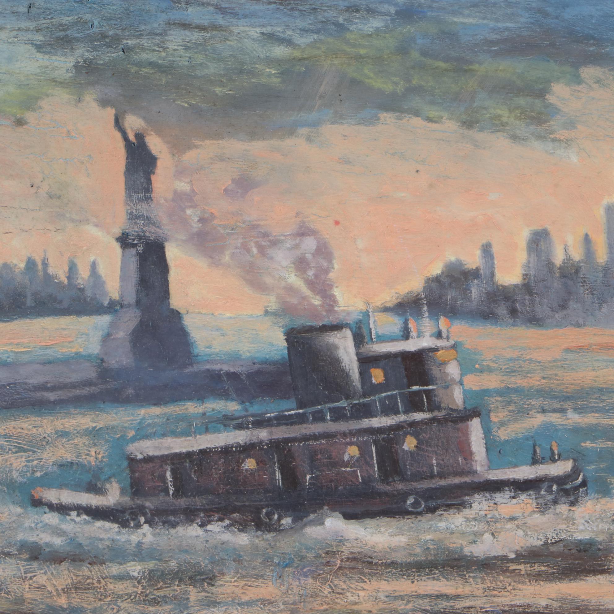 McLeese 1950s New York Harbor Scene Oil Painting on Glass