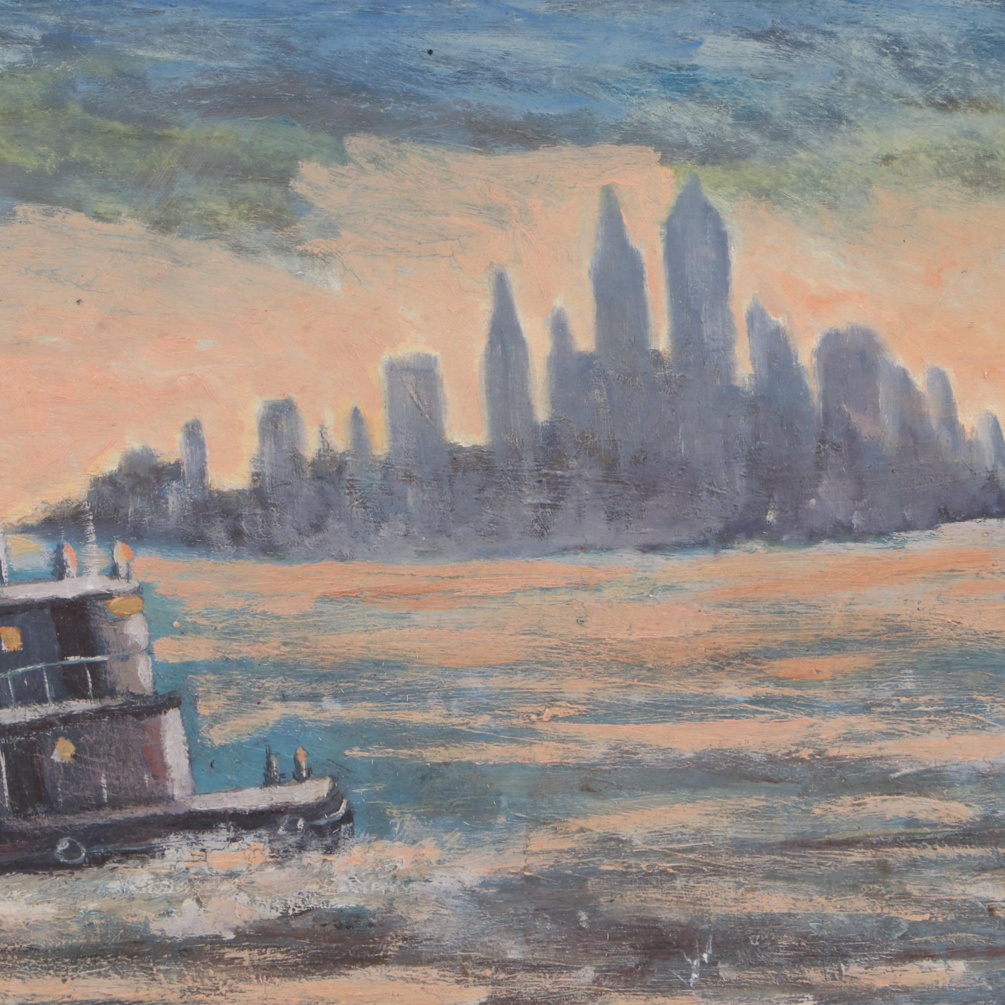 McLeese 1950s New York Harbor Scene Oil Painting on Glass
