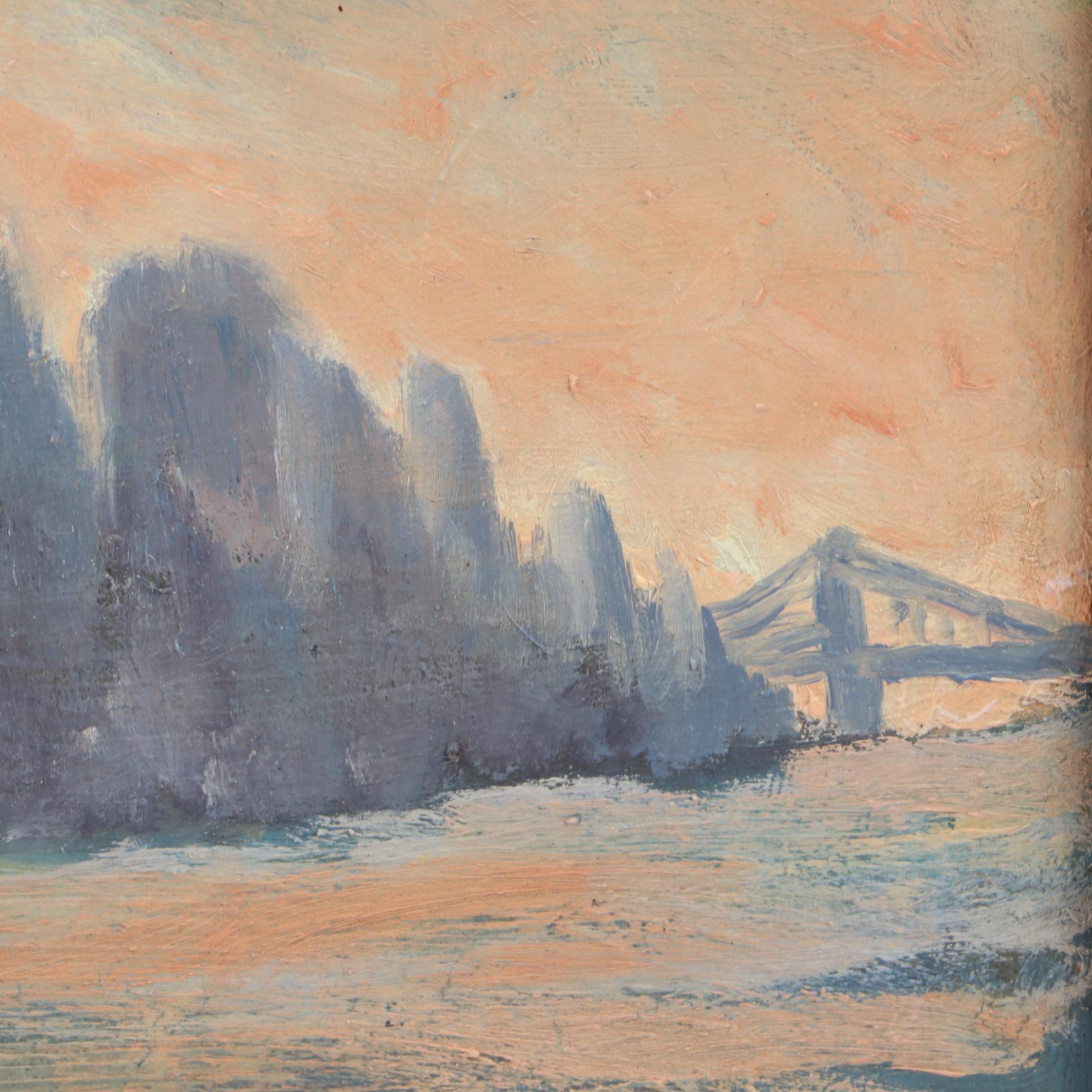 McLeese 1950s New York Harbor Scene Oil Painting on Glass