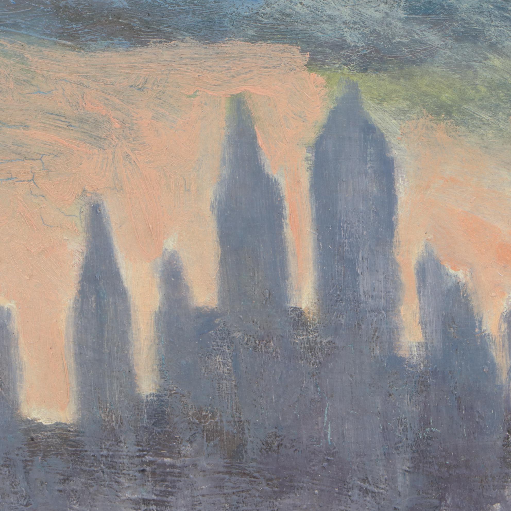 McLeese 1950s New York Harbor Scene Oil Painting on Glass