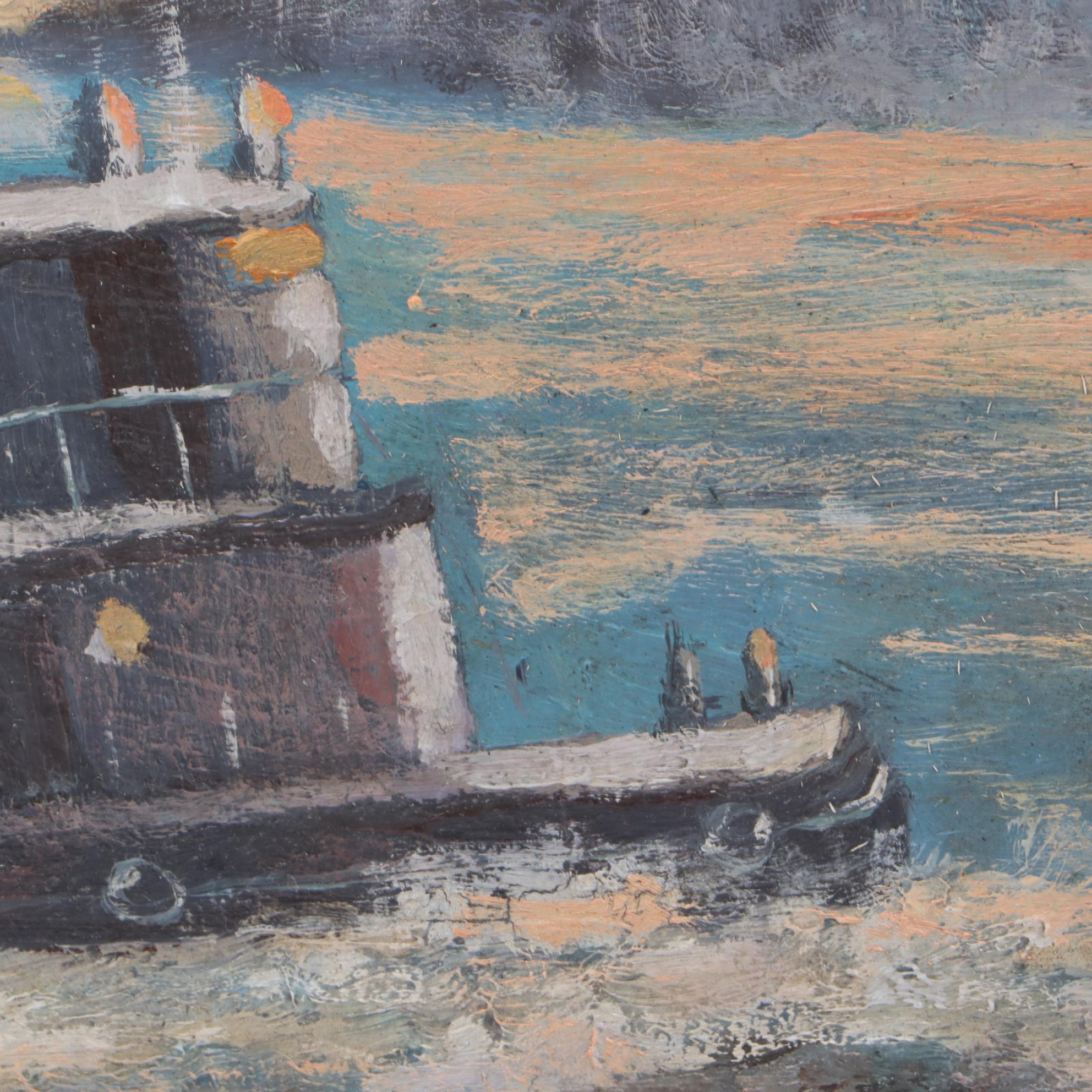 McLeese 1950s New York Harbor Scene Oil Painting on Glass