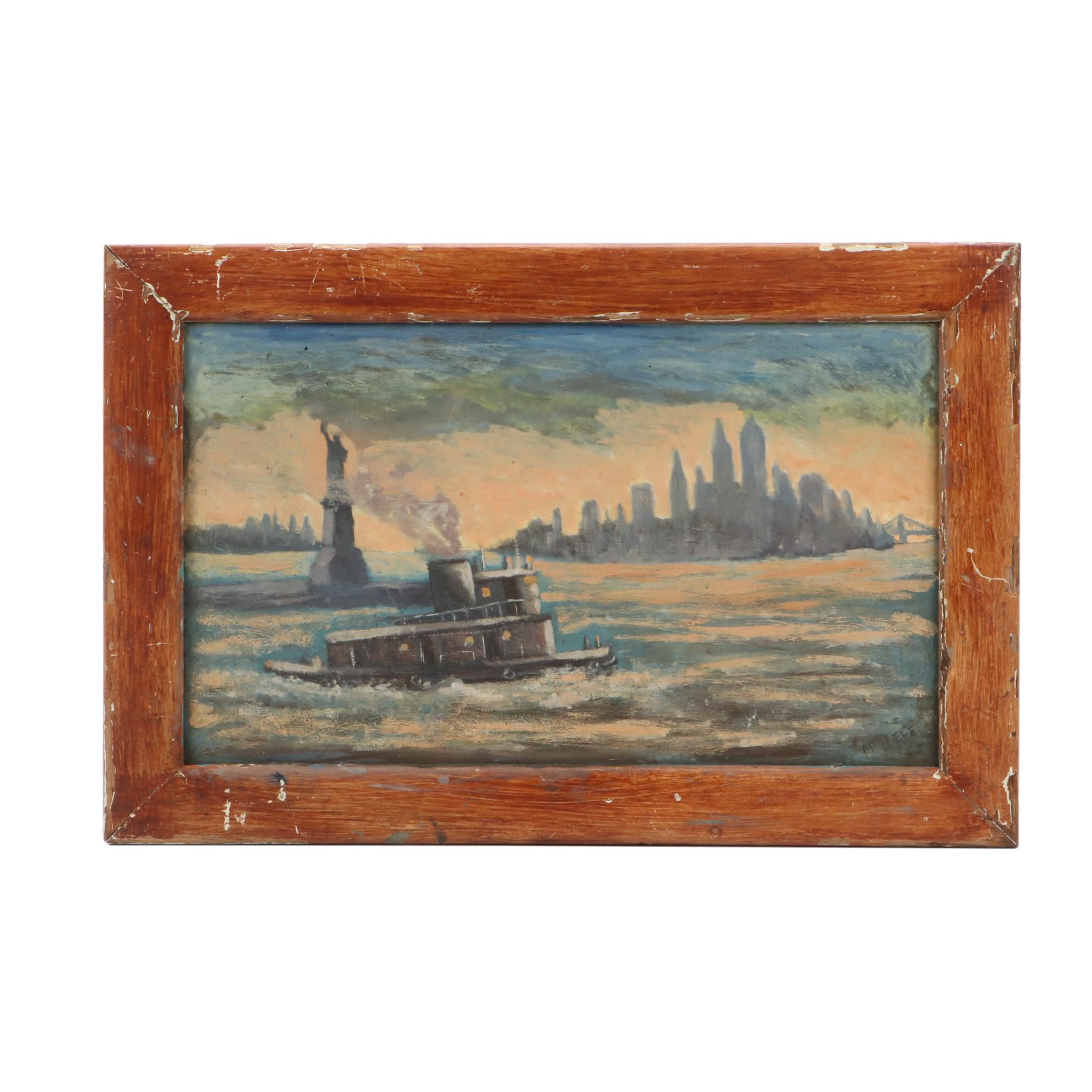 McLeese 1950s New York Harbor Scene Oil Painting on Glass
