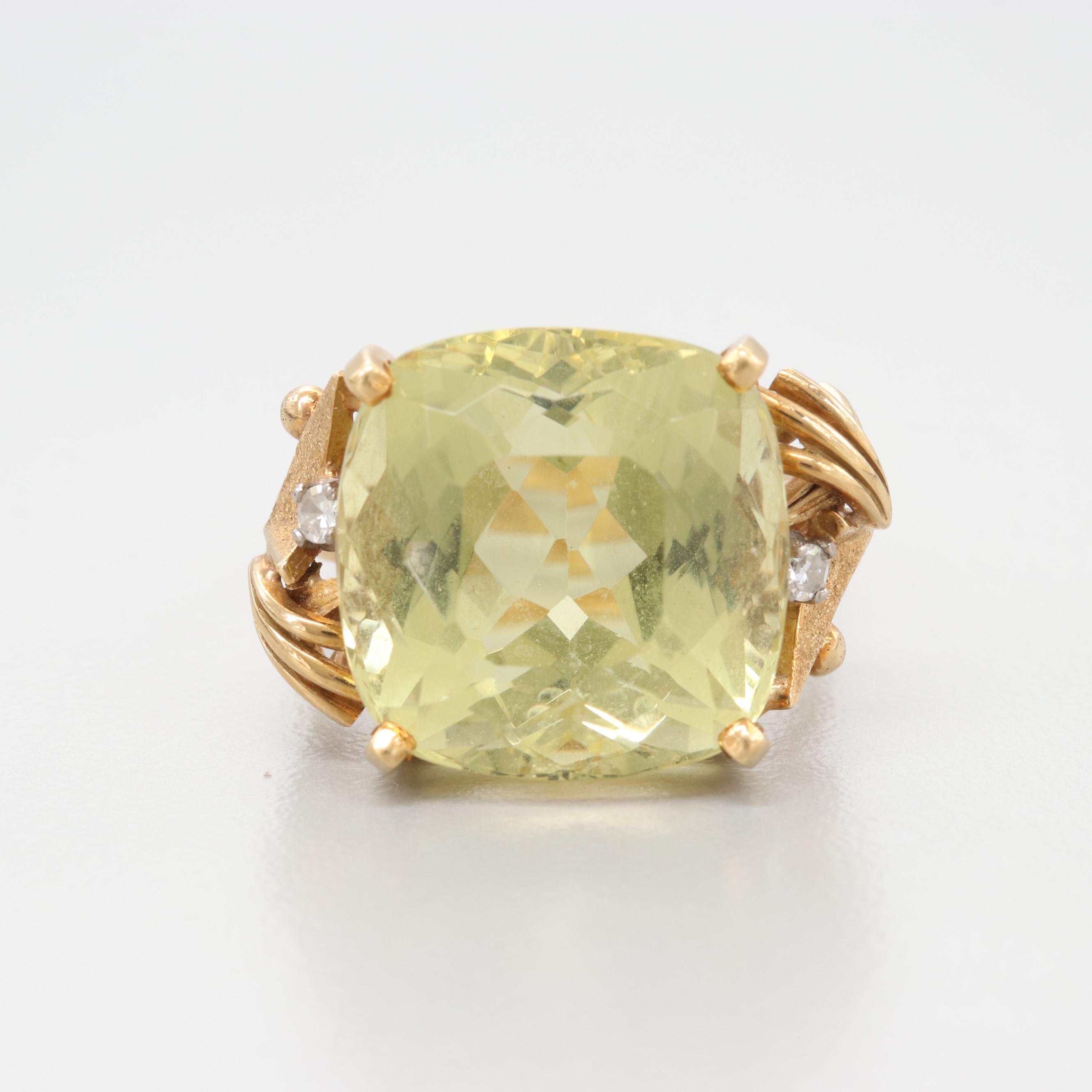 18K Yellow Gold 14.38 CT Heliodor and Diamond Ring