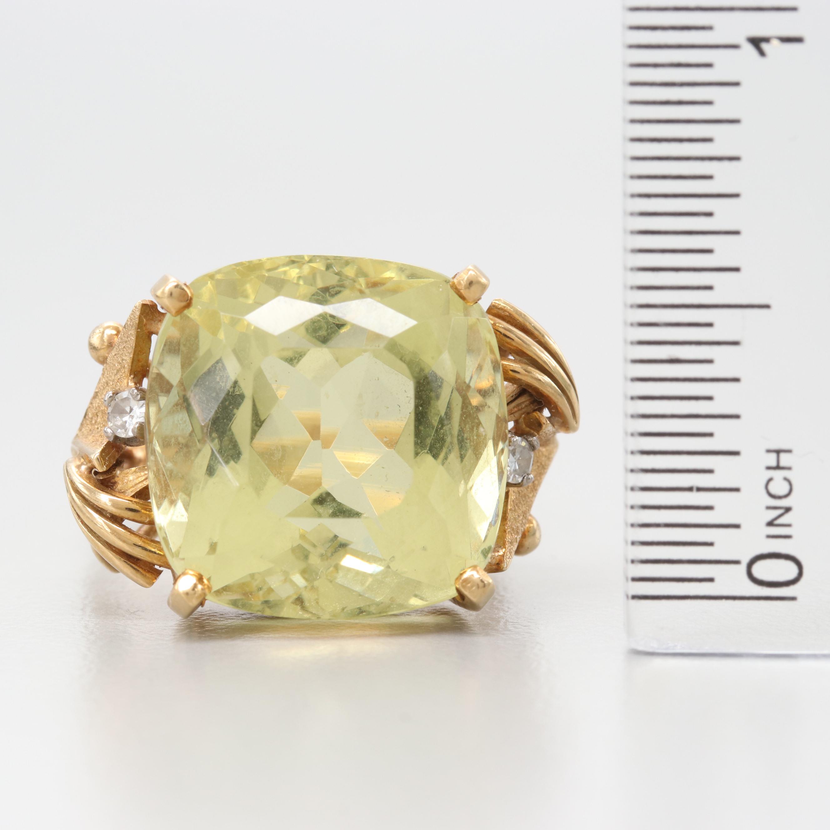 18K Yellow Gold 14.38 CT Heliodor and Diamond Ring