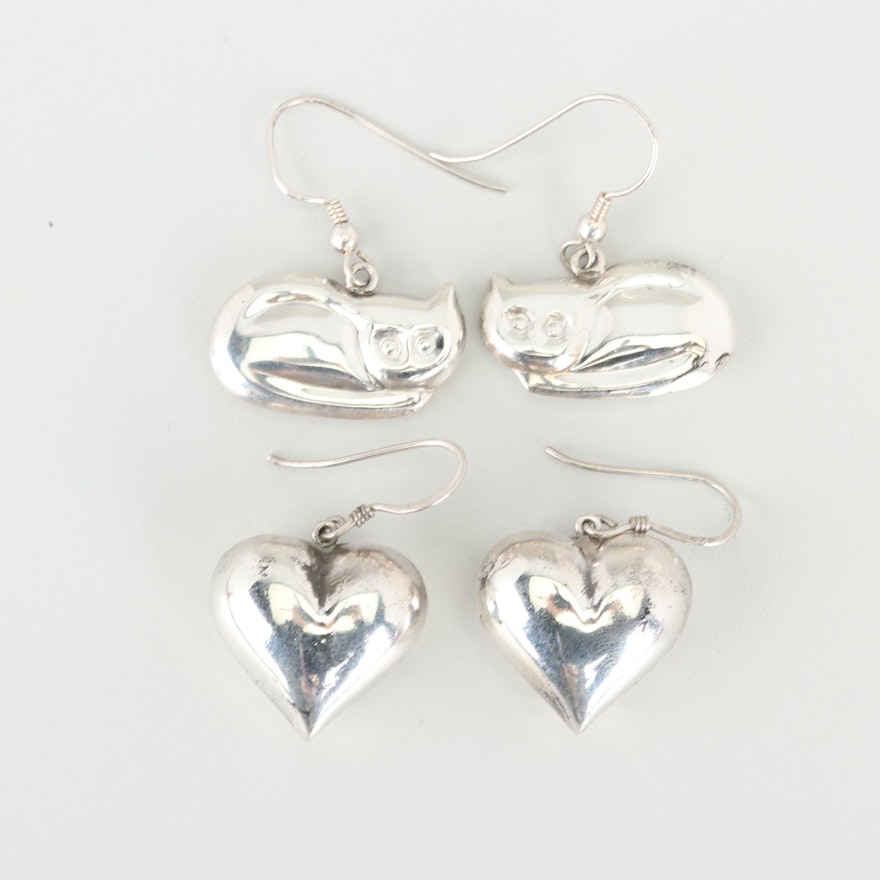 Sterling Silver Heart and Figural Cat Earrings