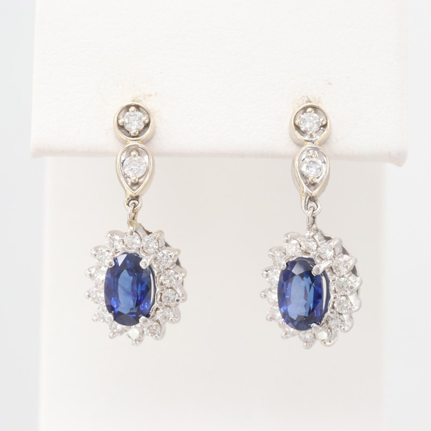 14K White Gold Blue Sapphire and Diamond Dangle Earrings