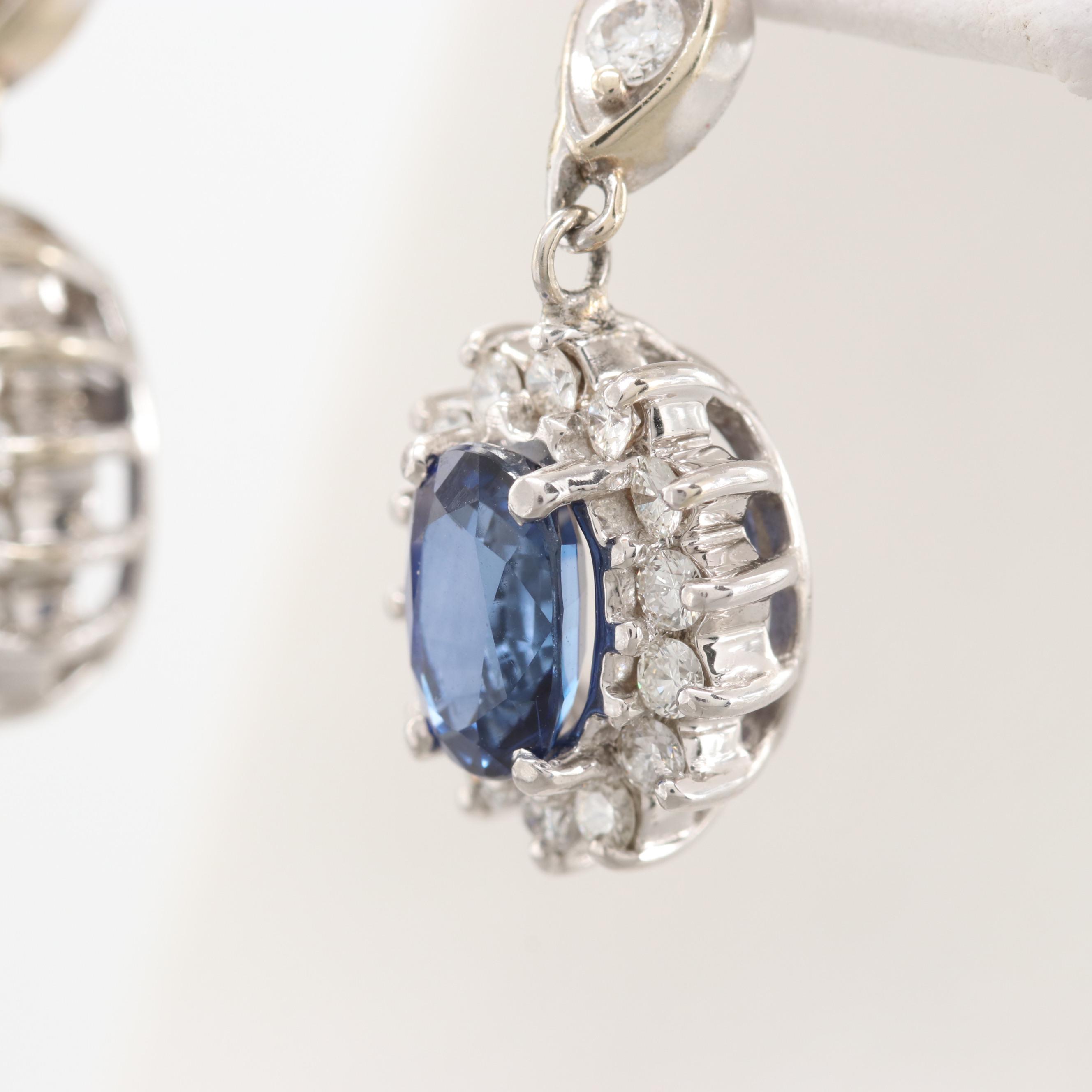 14K White Gold Blue Sapphire and Diamond Dangle Earrings