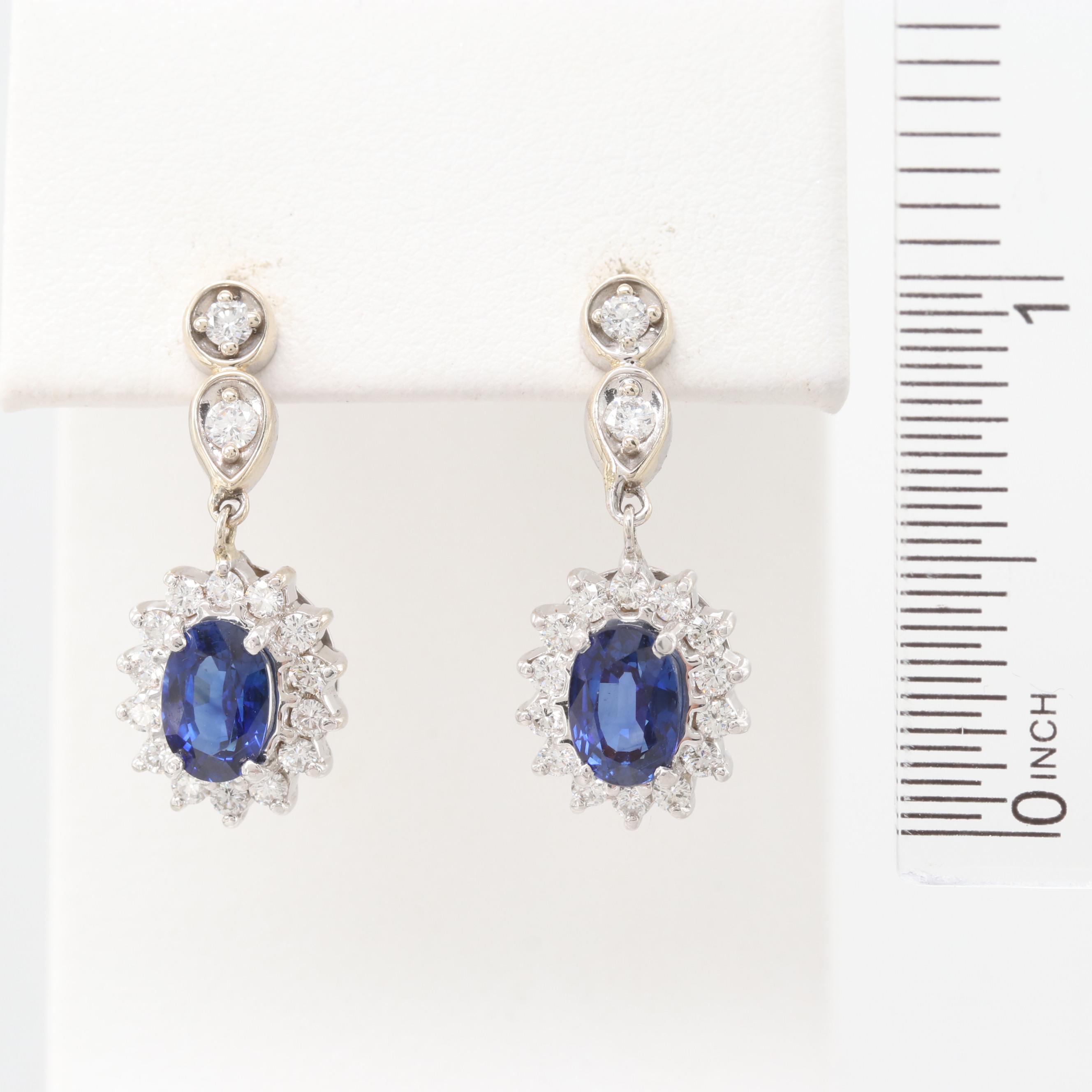 14K White Gold Blue Sapphire and Diamond Dangle Earrings