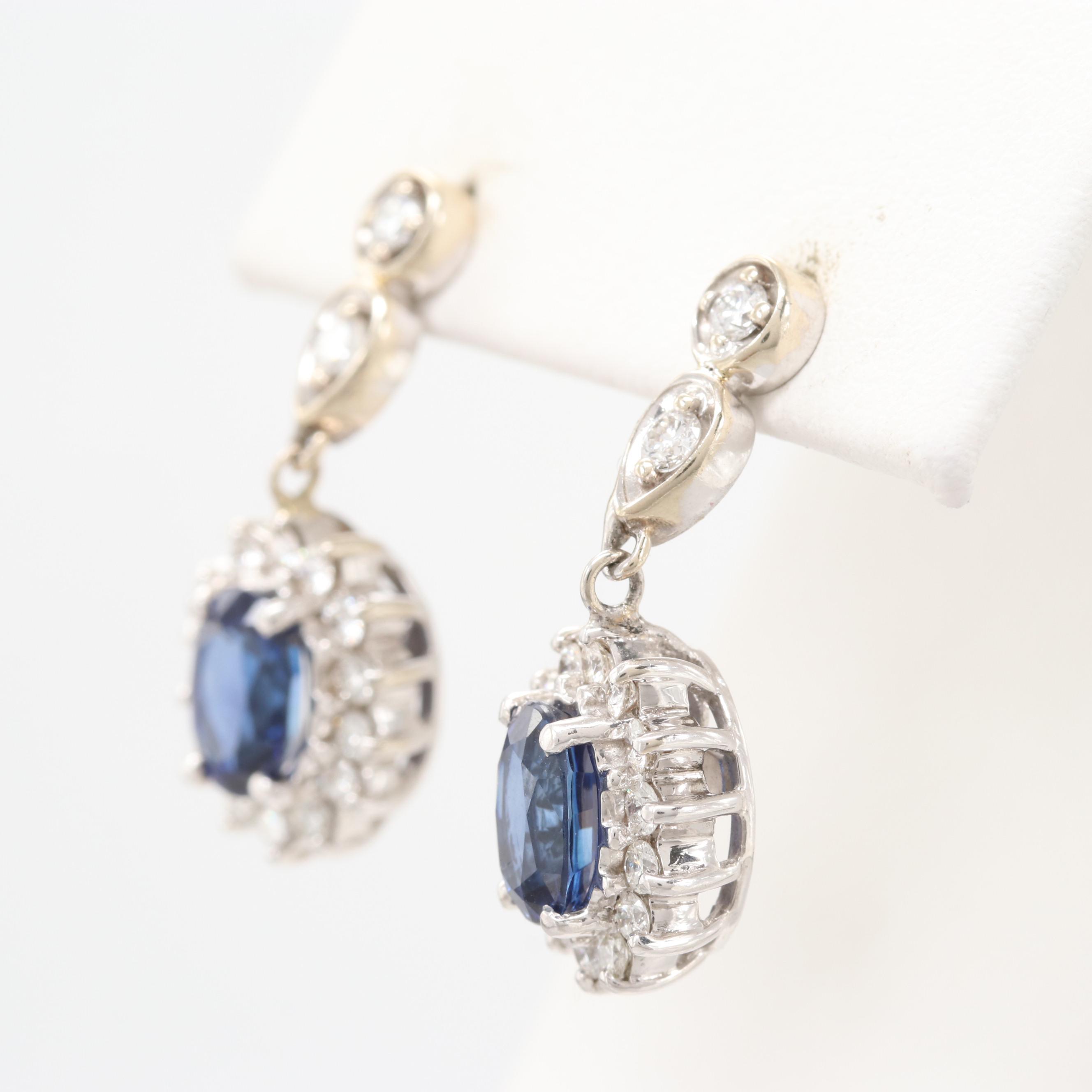 14K White Gold Blue Sapphire and Diamond Dangle Earrings