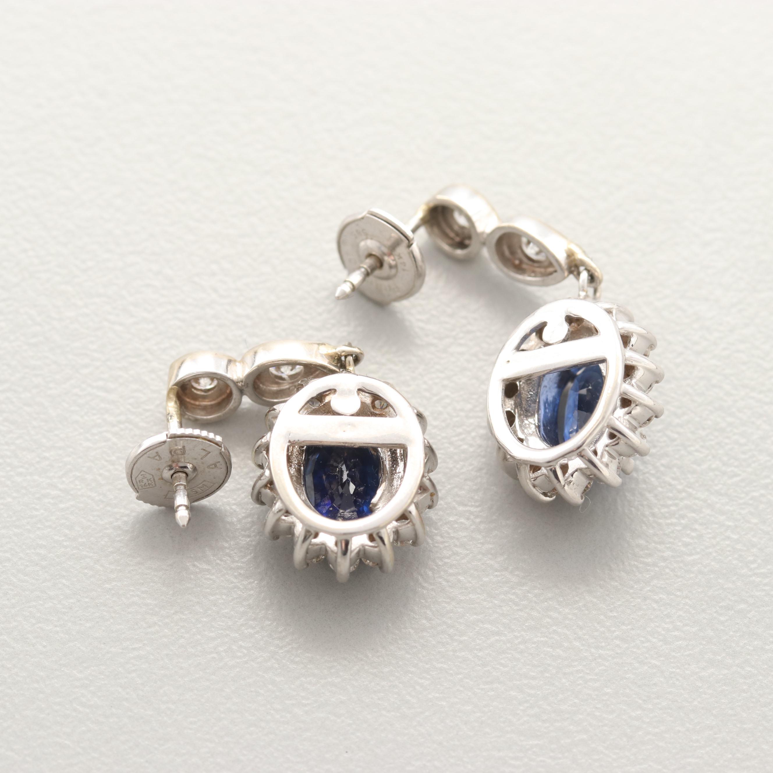 14K White Gold Blue Sapphire and Diamond Dangle Earrings