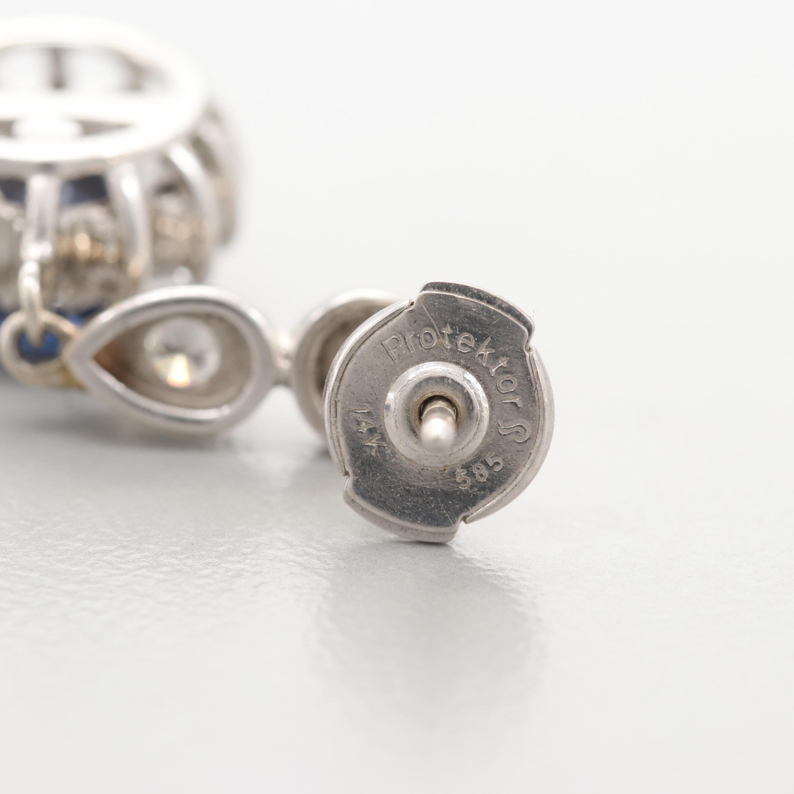 14K White Gold Blue Sapphire and Diamond Dangle Earrings