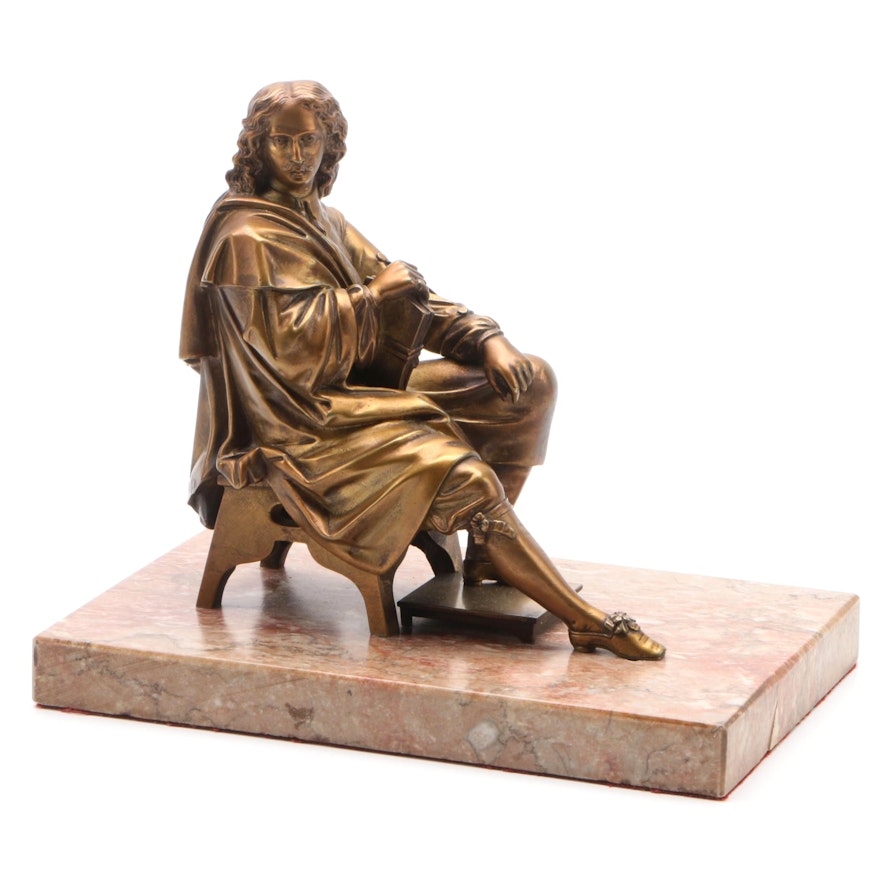 Brass Sculpture of 17th Century French Scholar on Marble Base