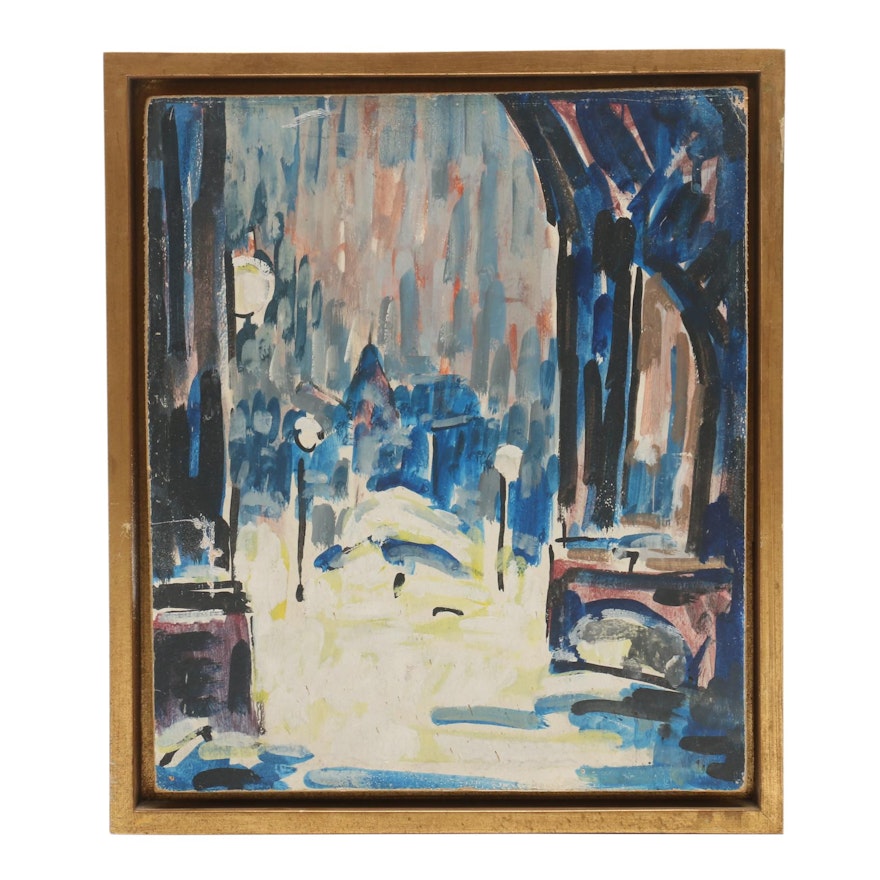 Mid-Century Nocturne Street Scene Acrylic Painting Attributed to Francis Brown